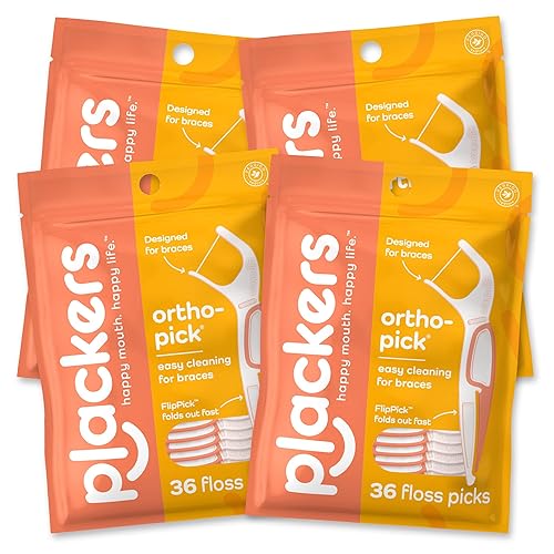 Plackers Orthopick - Púas de hilo dental, sin sabor, diseñadas para frenillos, FlipPick plegable, Tuffloss, fácil almacenamiento con sello de cierre