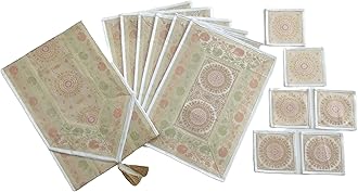 Dining Table Placemats Set of 13 Pieces, Ethnic Brocade Silk with Golden Woven Work- (1 Table Runner, 6 Mats, 6 Coasters) (White)