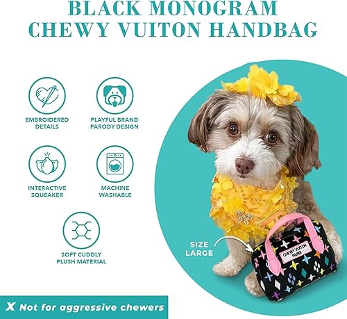 Miniatura 4 de Haute Diggity Dog Bolso de Mano Negro con Monograma Chewy Vuiton, Juguetes de Peluche de Diseñador para Perros con Chirriador Interactivo,