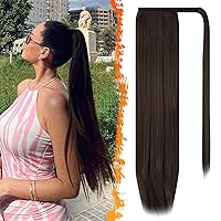Vista 61 de BARSDAR - Extensión de cola de caballo recta con resaltado marrón medio, de 26 pulgadas de largo, con clip envolvente para mujeres, extensiones