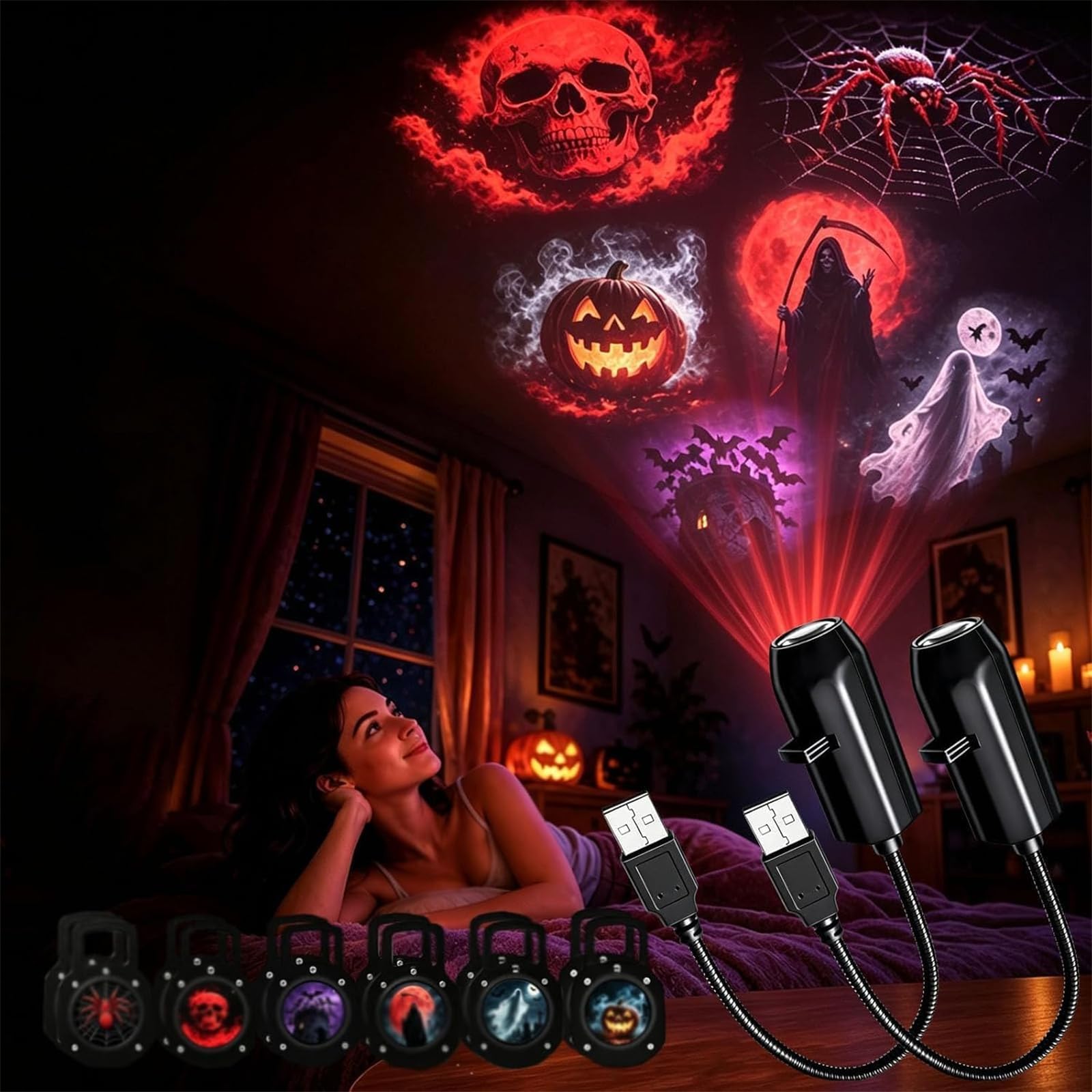 Plug and Play HD Star Projector Halloween 6 Disk Set, 2026 New Upgraded Projector, HD Halloween Projector for Bedroom Ceiling, USB Powered with 360° Neck (3Pcs)