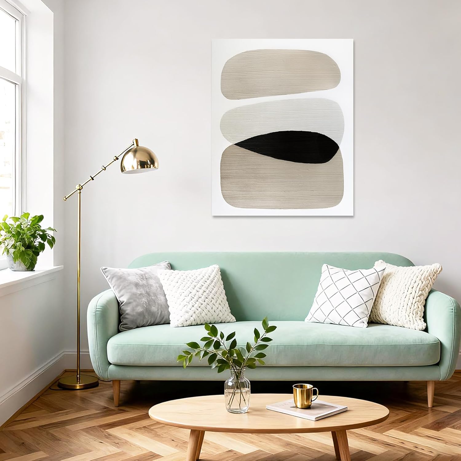 ZHENGYIN Neutral Abstract Wall Art, Mid Century Geometric Oil Painting, Minimalist Textured Artwork for Living Room Bedroom Office 32x40 Inch