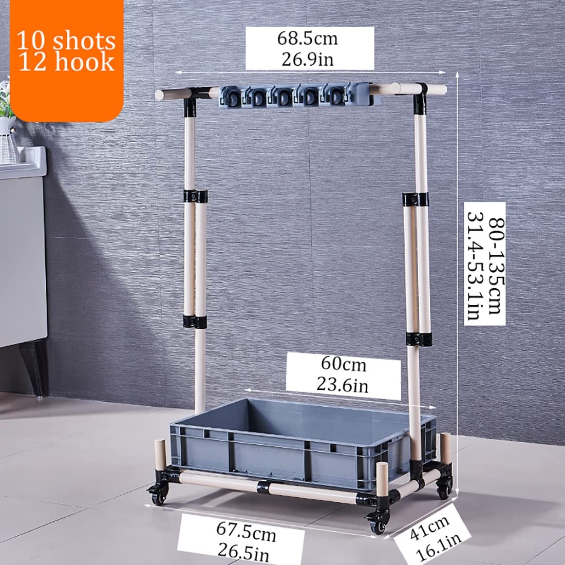 Commerciale Appendi Abiti Porta Scope Esterno Mobile per la Pulizia della Pulizia bagnata Raccumulo di Scarico Adatto per Le scuole degli Hotel da Giardino per Cortile ristoranti (Size : 10 Shots)