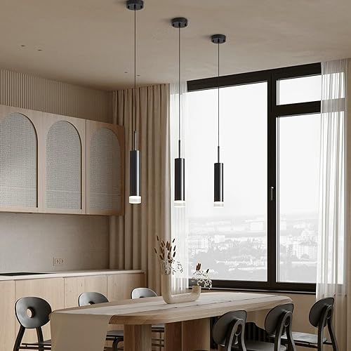 Miniatura 8 de KCO Iluminación de mediados de siglo moderna de metal negro LED colgante de luz nórdica minimalista cilindro colgante isla de cocina iluminación