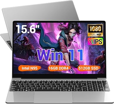 15.6-Inch Laptop with 16GB DDR4, 512GB SSD, N95 up to 3.4 GHz, 5000 mAh, Win 11, 1920x1080 FHD, WiFi 5, USB 3.0, Full Backlit Keyboard, Gaming Notebook
