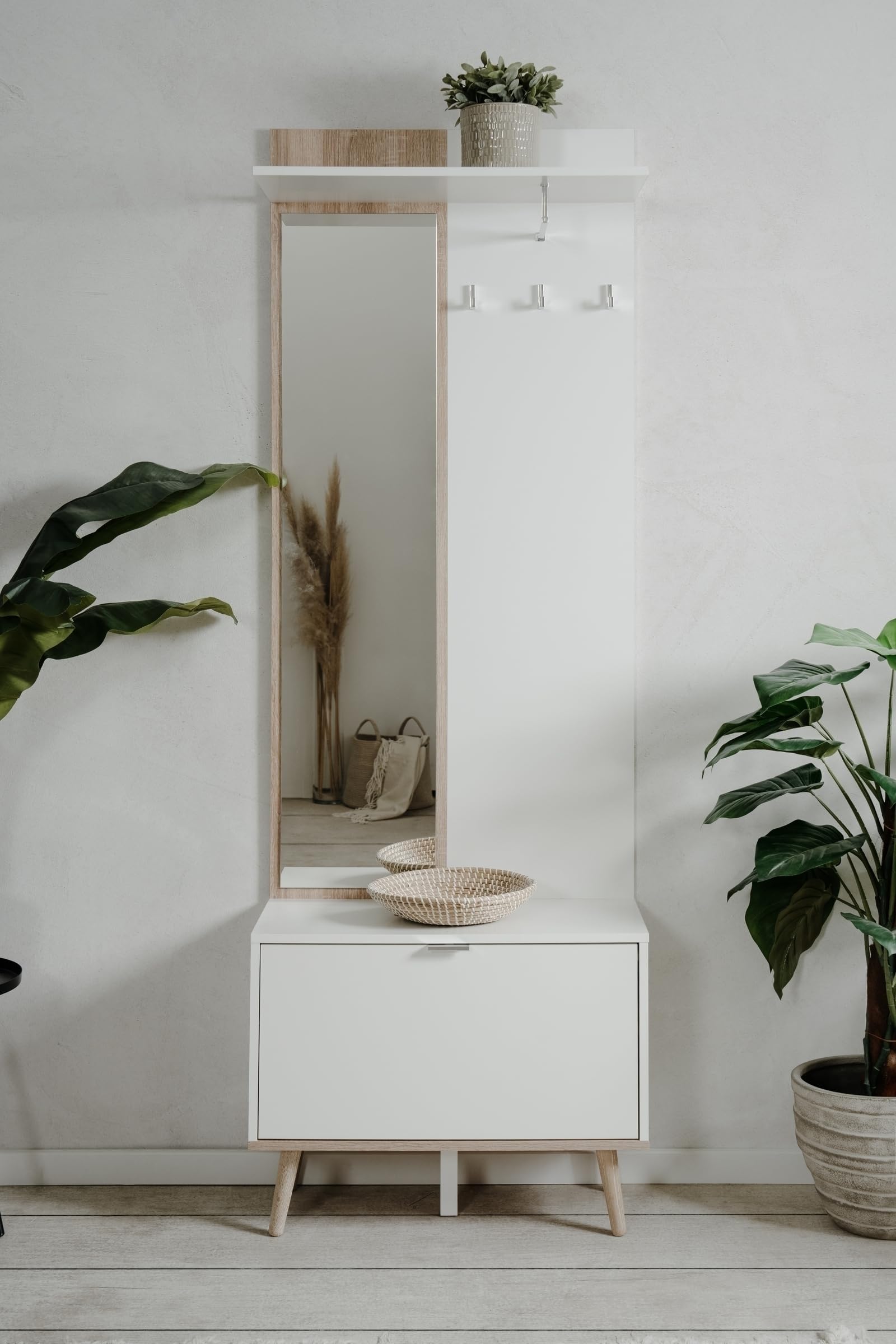 möbelando Kompaktgarderobe Göteborg – Garderobenschrank mit Spiegel, 195 cm hoch, Weiß/Sonoma Eiche – Platzsparend für Flur, Keller & Hauswirtschaftsraum