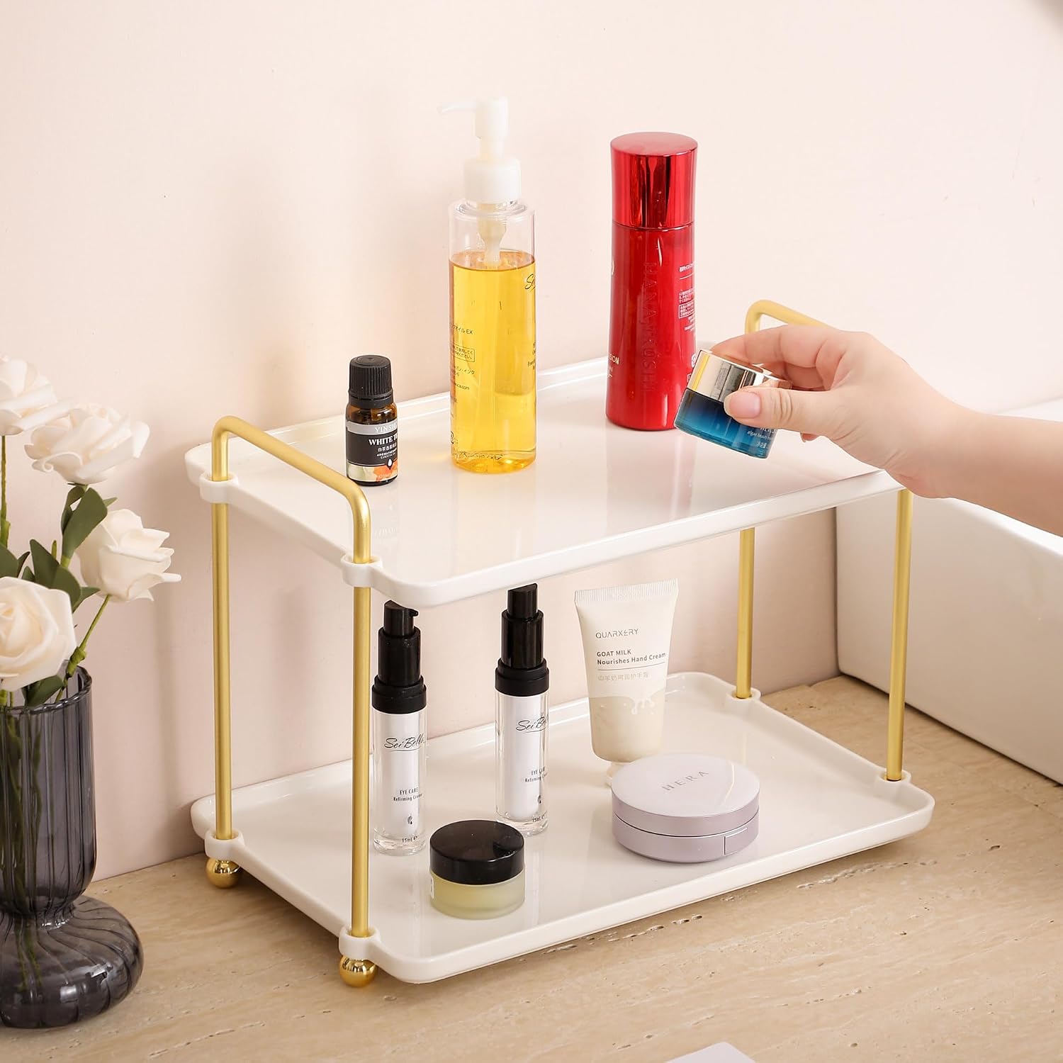 2-Tier Vanity Organizer Trays with Handles and Wheels, Cosmetic Storage Display (Ceramic White)