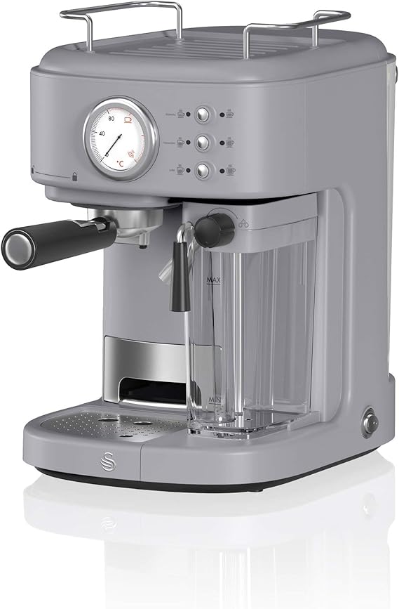 Swan Retro One Touch Espresso Machine, Grey, 15 Bars of Pressure, Milk