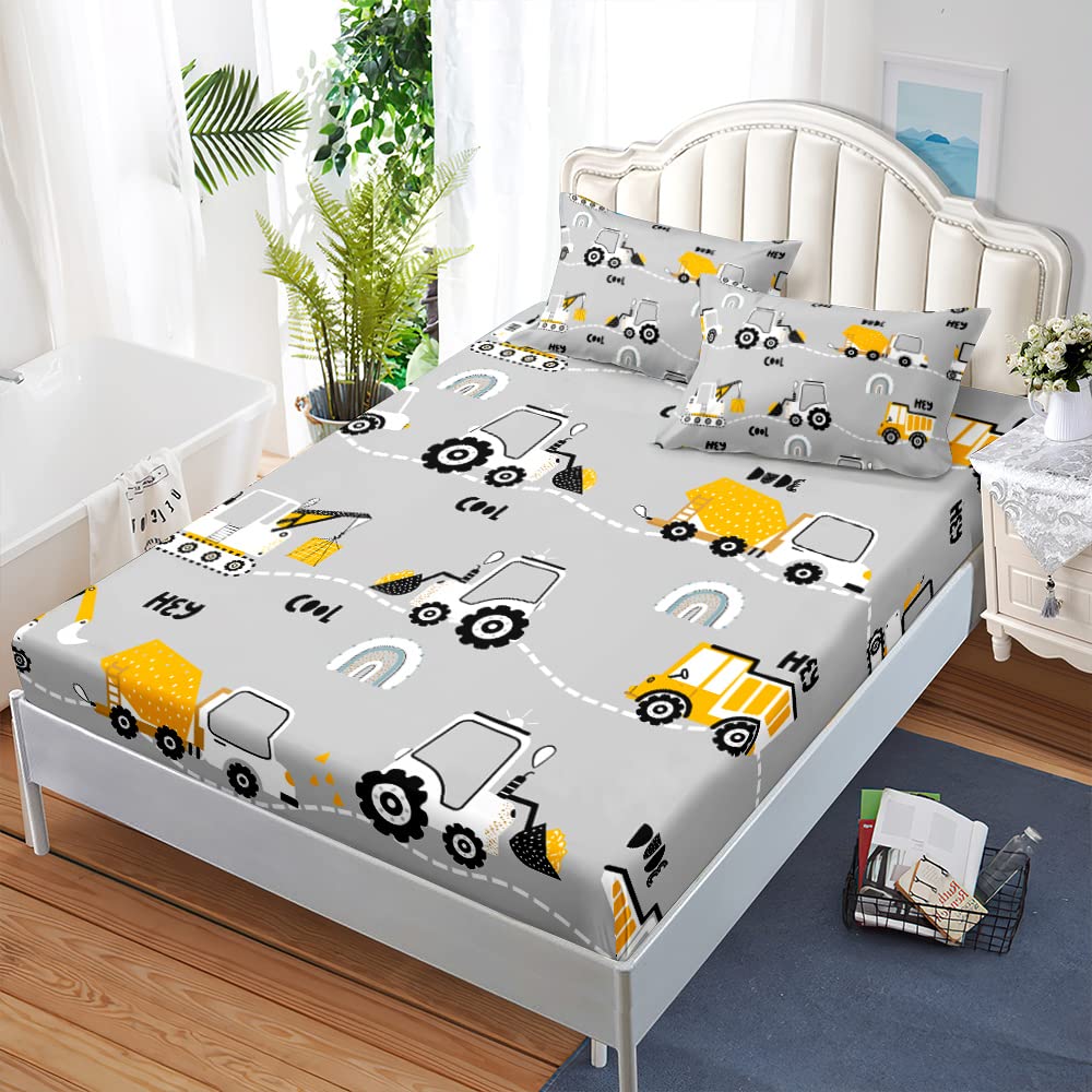 Chickwin Fitted Sheet with Pillowcase, Excavator Print Bed Sheets for Boys Single Double Bed, Soft Microfibre Easy Care Shrinkage Fade Resistant Deep Pocket 40cm (138x190x40cm,Excavator 5)