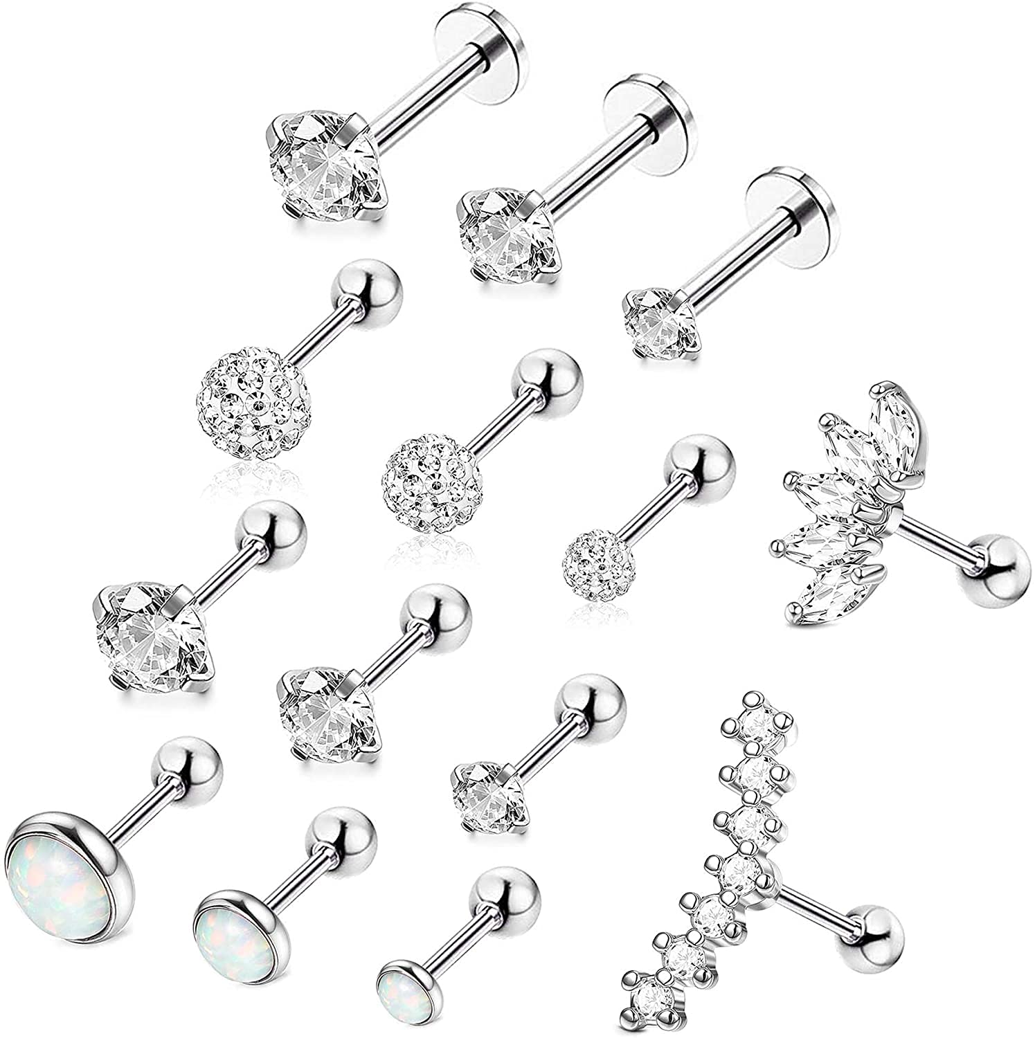 LOLIAS 14 Piezas 16G Acero Inoxidable Zirconia Cúbica Cartílago Oreja Pendientes Bola Hélice Pendientes Conjunto Tachuelas para Mujeres Hombres Tragus Pendiente Piercing Joyería