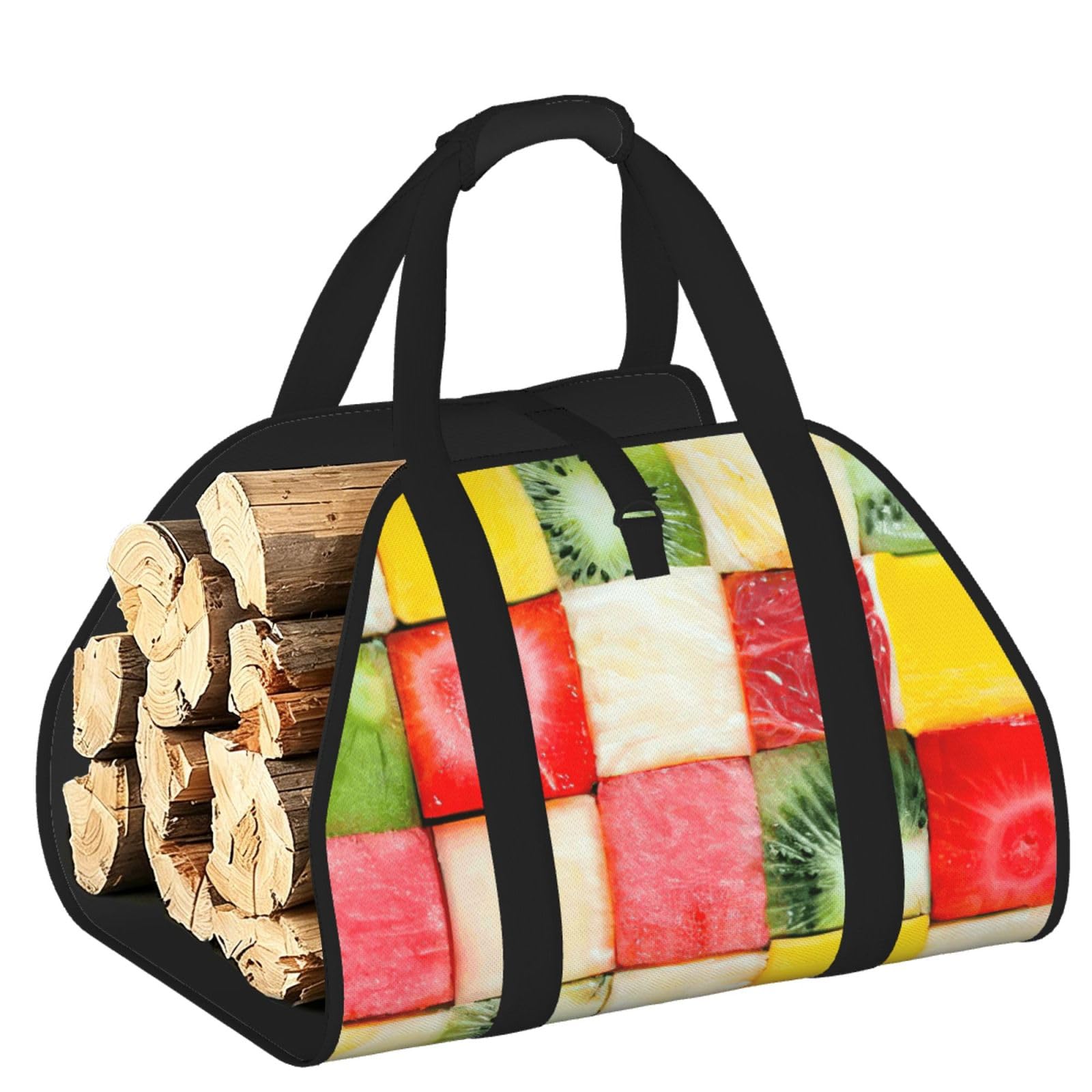 Ayyqwe Black Kiwi Watermelon Print Firewood Bag Wood Waterproof Versatile Camping Picnic Storage Daily Home