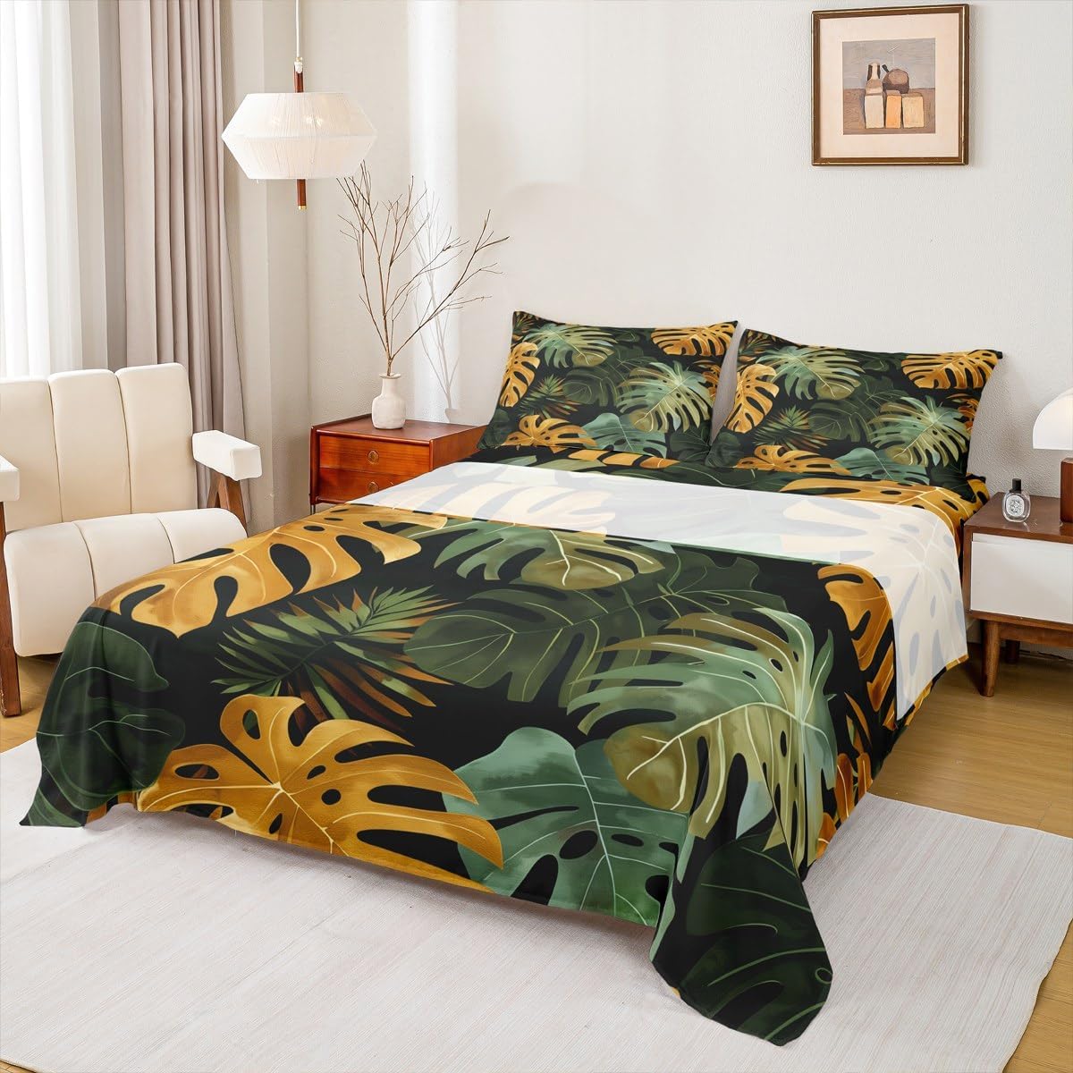 Castle Fairy Tropical Leaves Sheet Set Queen Size,Natural Plants Tie Dye Print Bedding Sets for Kids Boys Teens Room Decor,Summer Jungle Leaf Fitted + Flat Sheet,2 Pillowcases