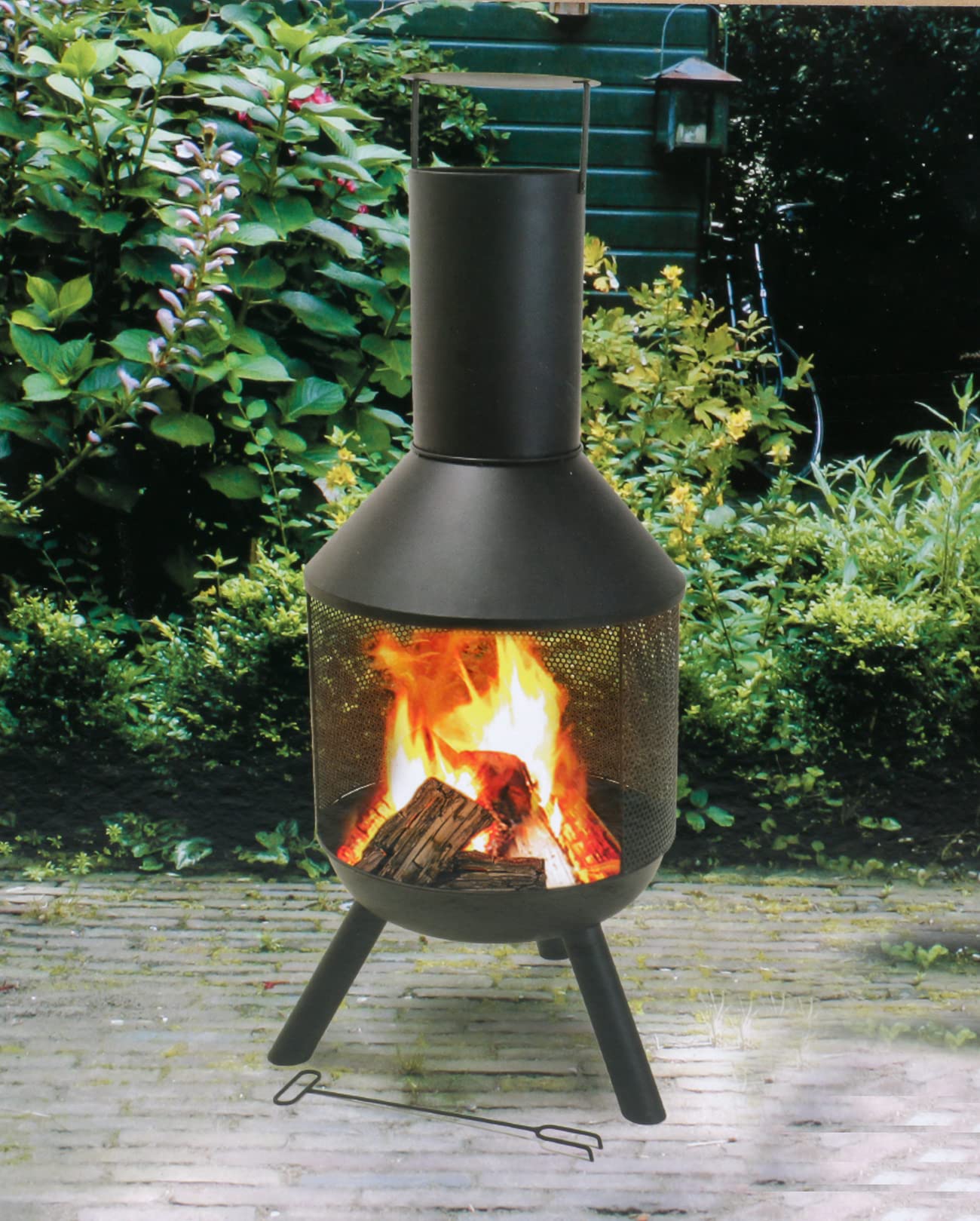 Terrassenkamin, Gartenkamin mit Schürhaken, Terrassenofen mit Kamin für Rauchabzug, Terrassenofen Höhe 118 cm