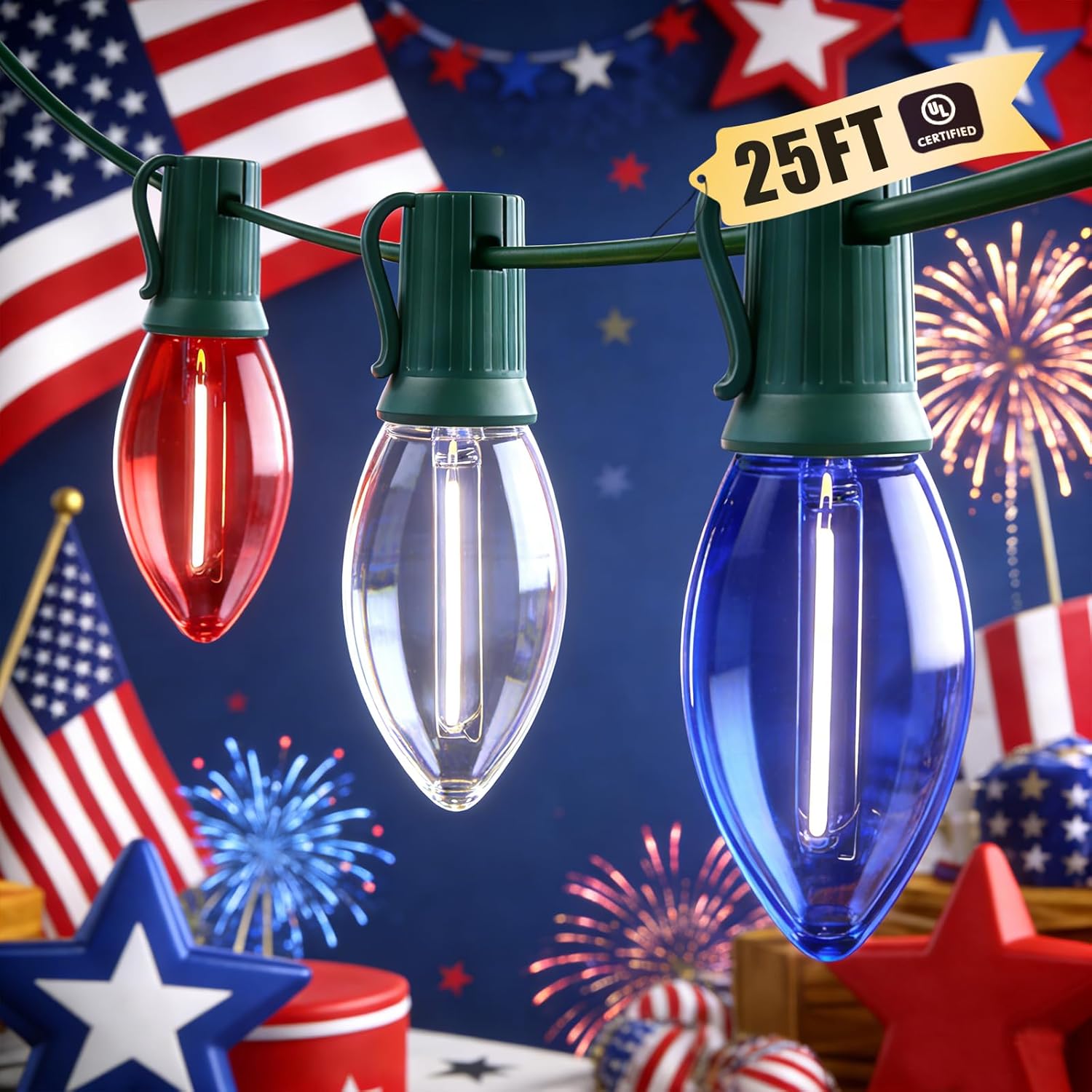 25 LED Patriotic C9 String Lights, Red White & Blue, Green Wire, 120V, for Independence Day & Patriotic Decor