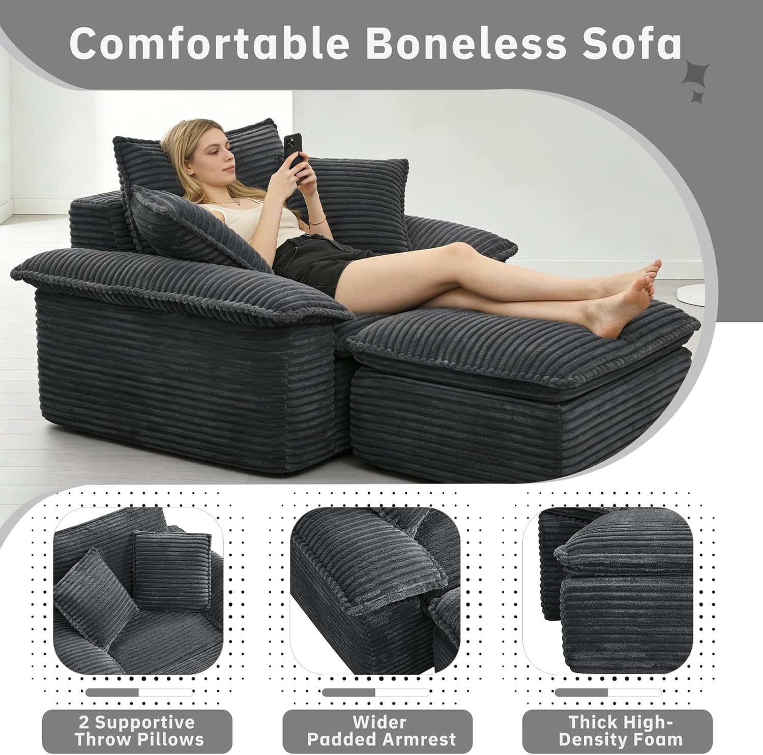 48'' Chaise Lounge Chair Indoor, Oversized Corduroy Upholstered Boneless Sofa Couch, Cloud-Like Sofa Bed with Ottoman for Living Room/Bedroom/Lounge (Dark Gray)