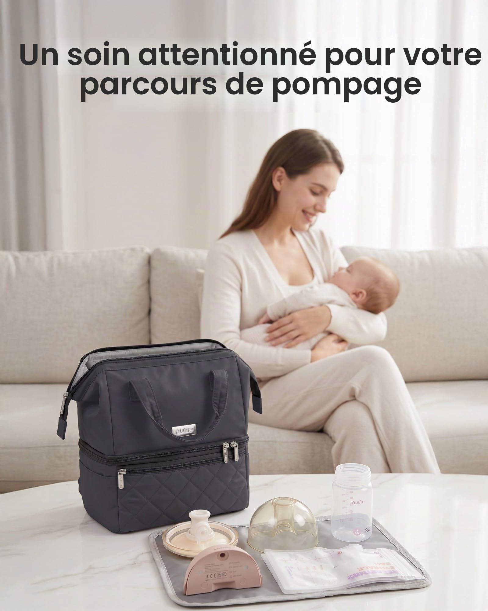 Sac à main portable pour tire-lait avec compartiment isotherme, sac de pompage à double couche avec pack de glace, sac isotherme de transport pour lait maternel avec tapis imperméable, convient pour 6