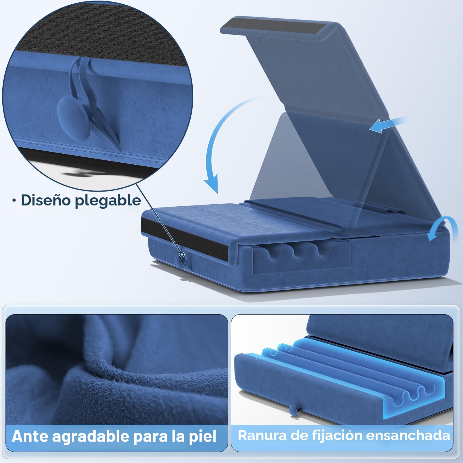 KDD Soporte de Almohada para Tablet,Soporte iPad Plegable para Cama,Regazo,Cojín para Tablet con Bolsillo y Soporte para Lápiz, para iPad Pro 12.9 10.5 9.7 Air Mini 6 5 4 3 E-Reader, Azul