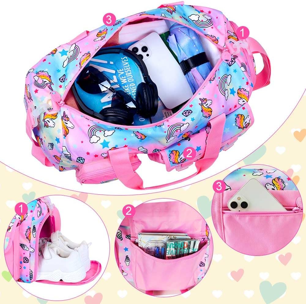 AGSDON Dance Ballet Bags for Girls, Kids Duffle Gym Bag Travel with Shoe Compartments Sports Ballet Bag Teens Weekender Sleepover Carry On Bag Unicorn/Dinosaur - Image 2