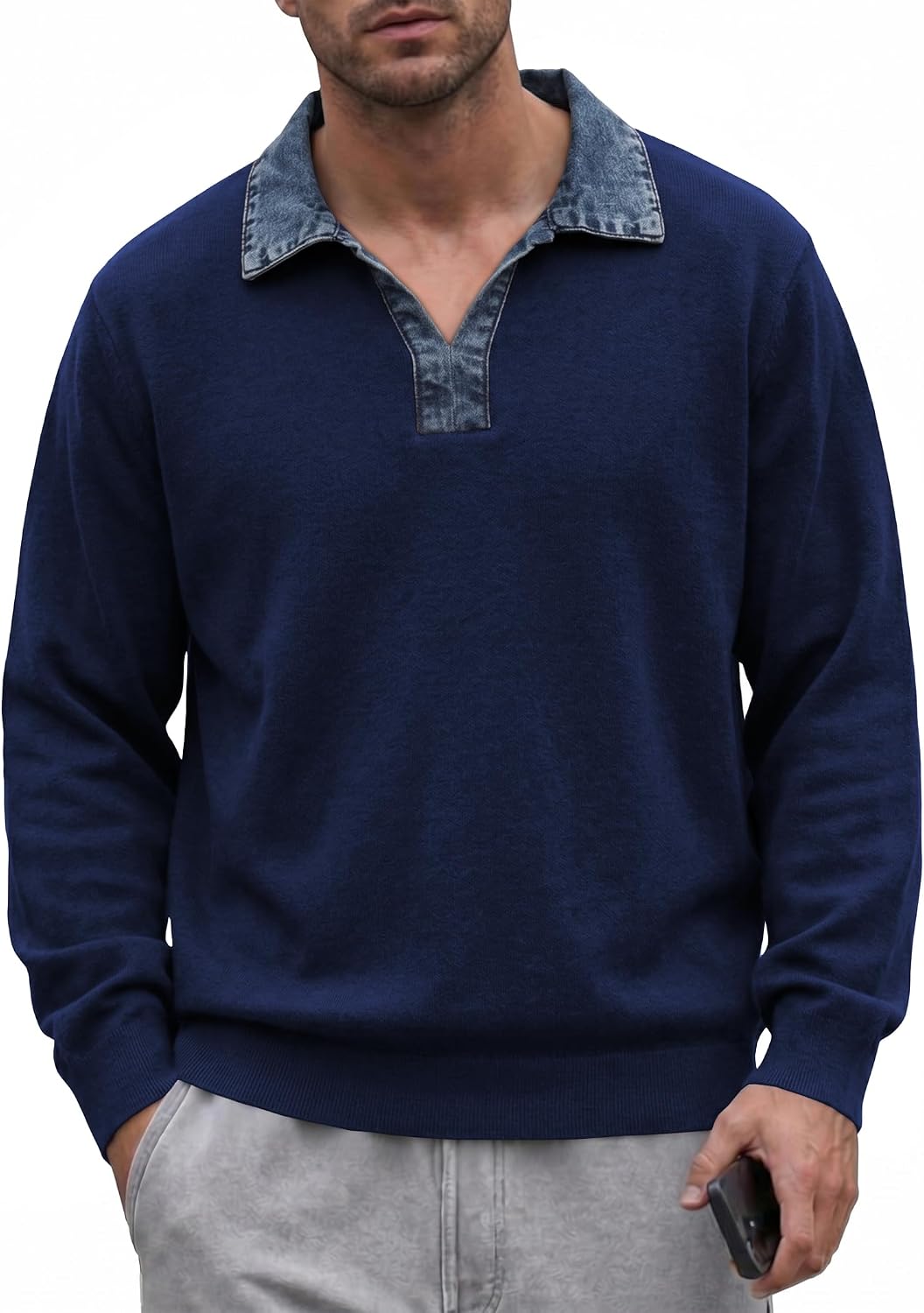 JMIERR Mens Denim Collar Knit Sweaters Long Sleeve Casual Sweater Pullover