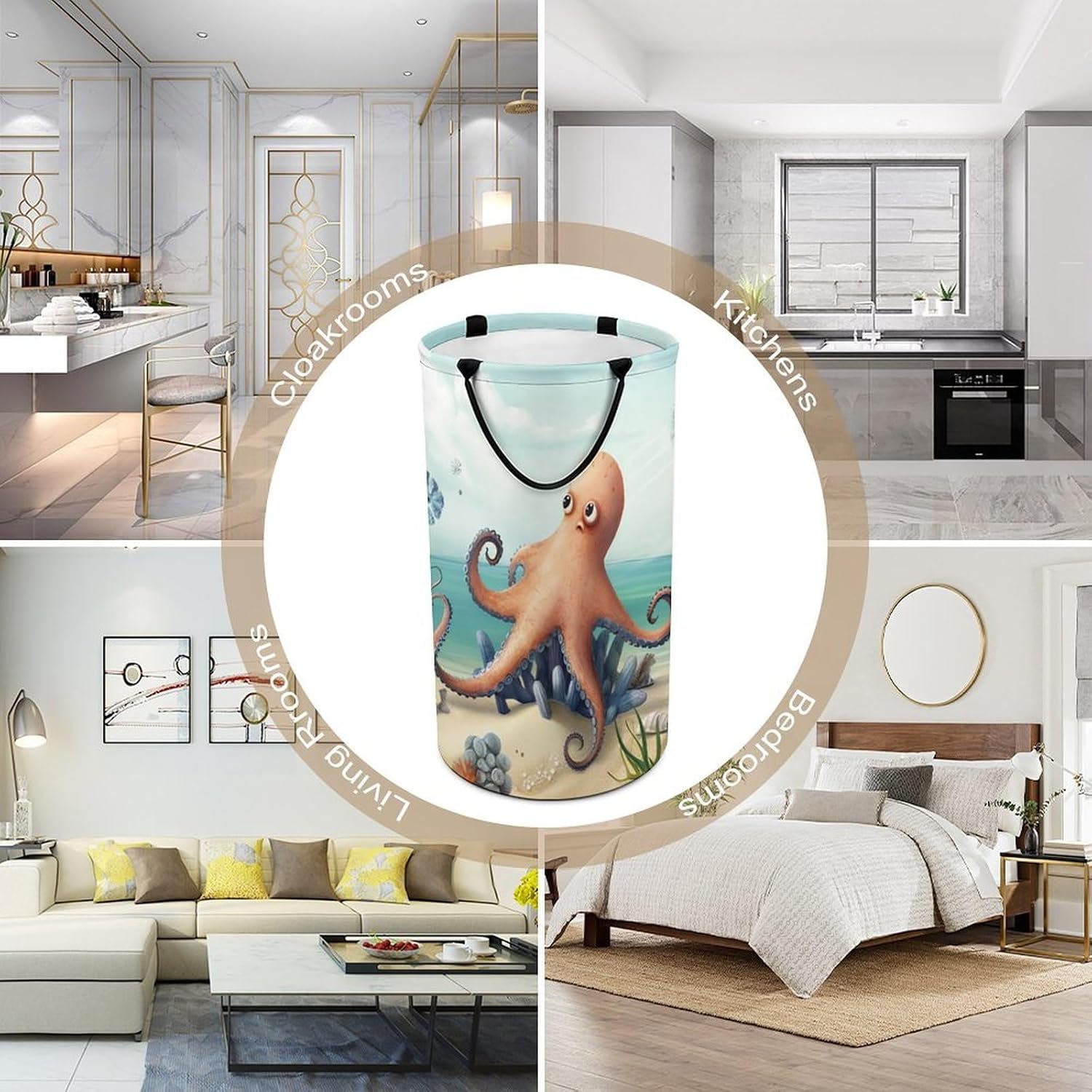 Beach Octopus Starfish Laundry Basket Freestanding Laundry Hamper with Handles Waterproof Dirty Clothes Hamper Collapsible Washing Bin Aesthetic Clothes Basket for Bathroom Bedroom Dorm