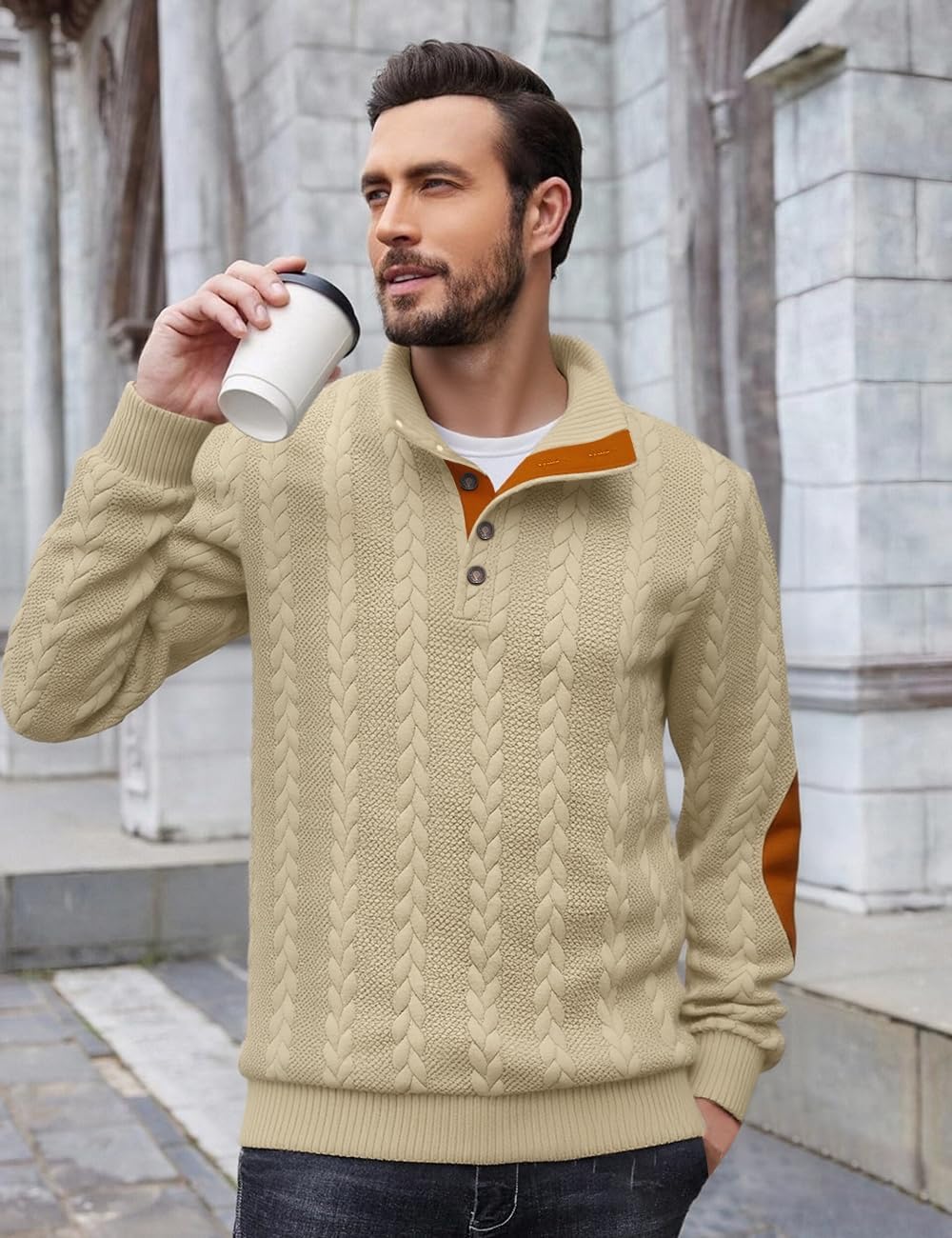 Men's Cable Knit Pullover Sweater Casual Long Sleeve Stand Collar Quarter Button Knitted Sweatshirts Quilted Sweatshirt - Image 4