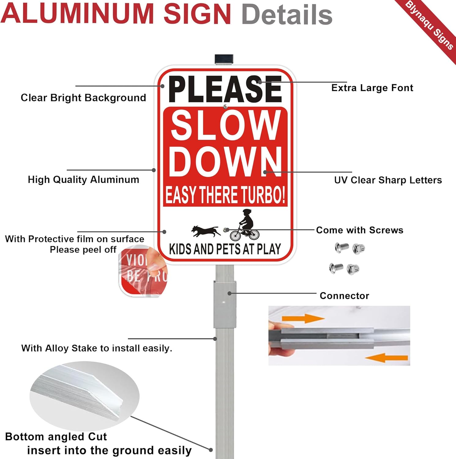 2 Pack Please Slow Down Signs, Kids and Pets at Play Safety Signs with 36-Inch Stakes, 14x10 Inches Reflective Aluminum