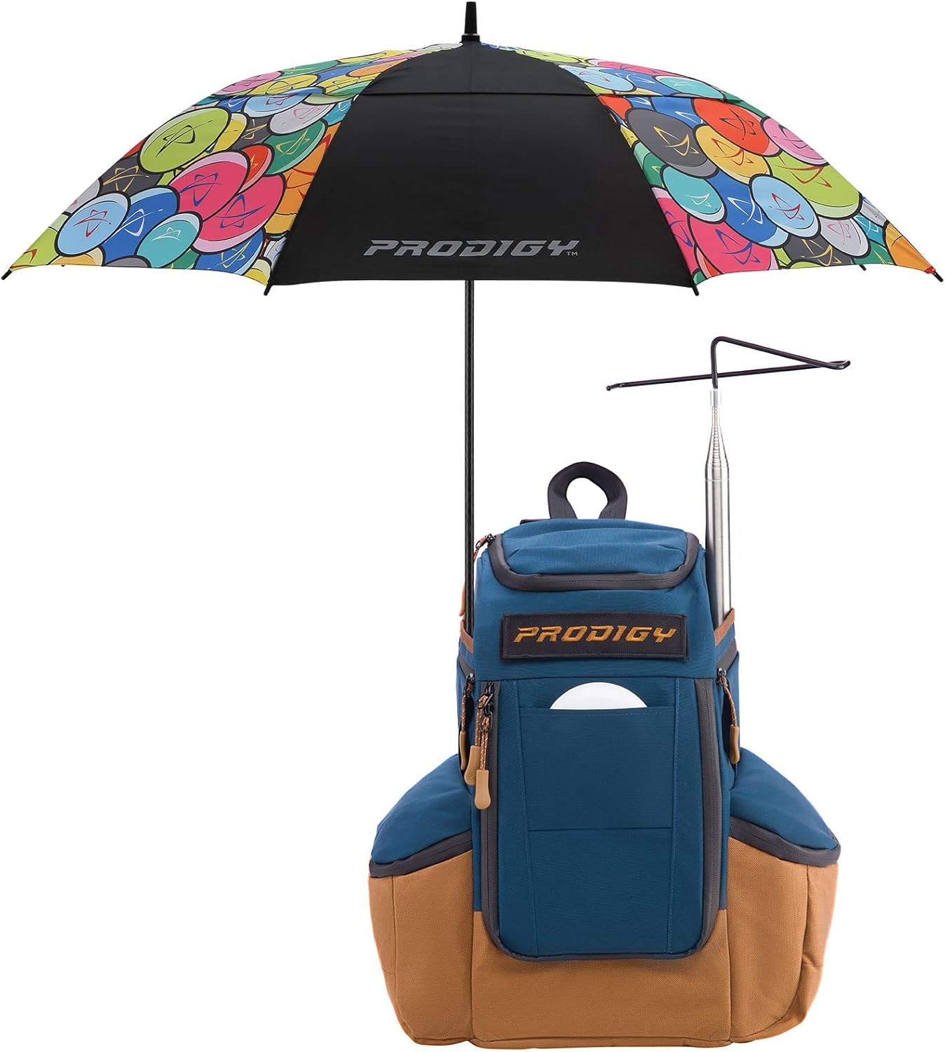 Prodigy Disc Apex Disc Backpack | Disc Golf Backpack | Store Up to 20+ Discs | Insulated Cooler Pocket | Disc Golf Bags with Umbrella Sleeve | Cordura Nylon Material (Navy & Brown)