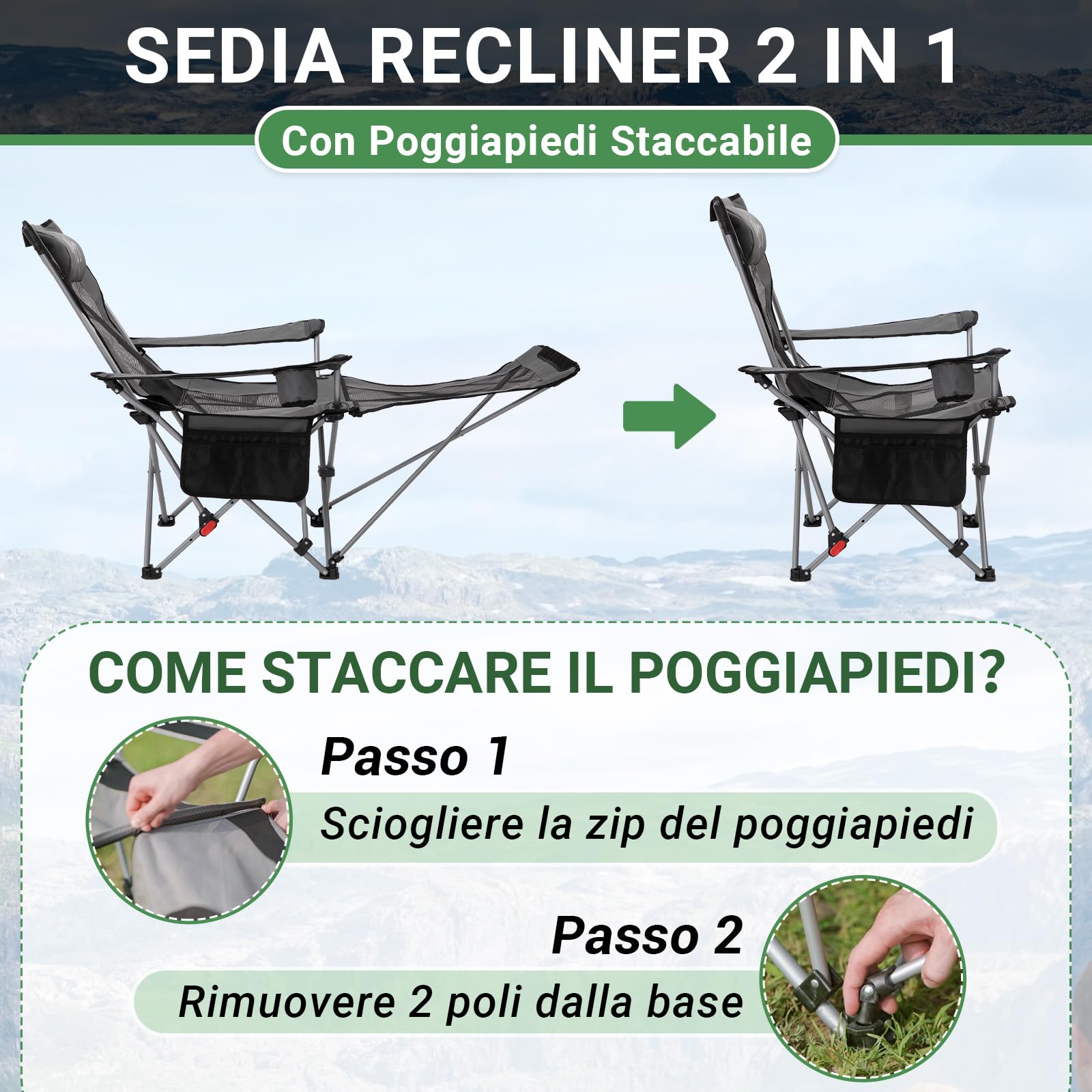 #WEJOY Set di 2 Sedia da Campeggio Pieghevole Reclinabile, Sedia Sdraio da Spiaggia Portatile, Schienale Regolabile, Poggiapiedi Staccabile, Sedia Pieghevole per Esterno Giardino Pesca, Grigio Scuro
