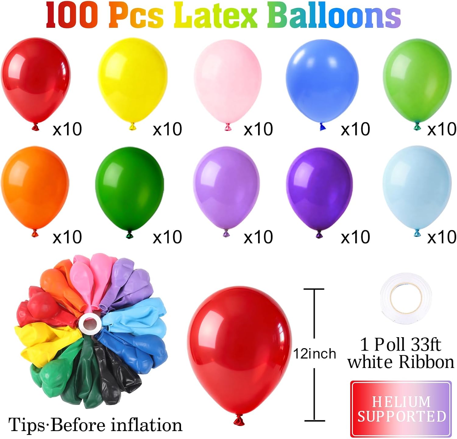 Condition photo showing New/Like New for patimate balloons assorted colors 100 pack 12 inch colorful rainbow round bright latex balloons for birthday bridal shower baby shower anniversary wedding party decorations arch garland rainbow 12 inch