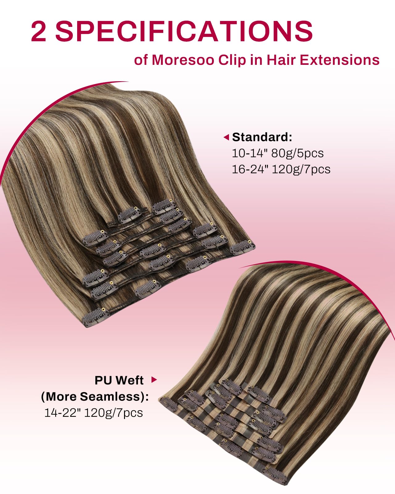 Moresoo Clip in Hair Extensions Real Human Hair Balayage Medium Brown and Blonde Real Hair Extensions Clip in Human Hair for Women Full Head 22 Inch 7pcs/120g #4/6/613 — view 86