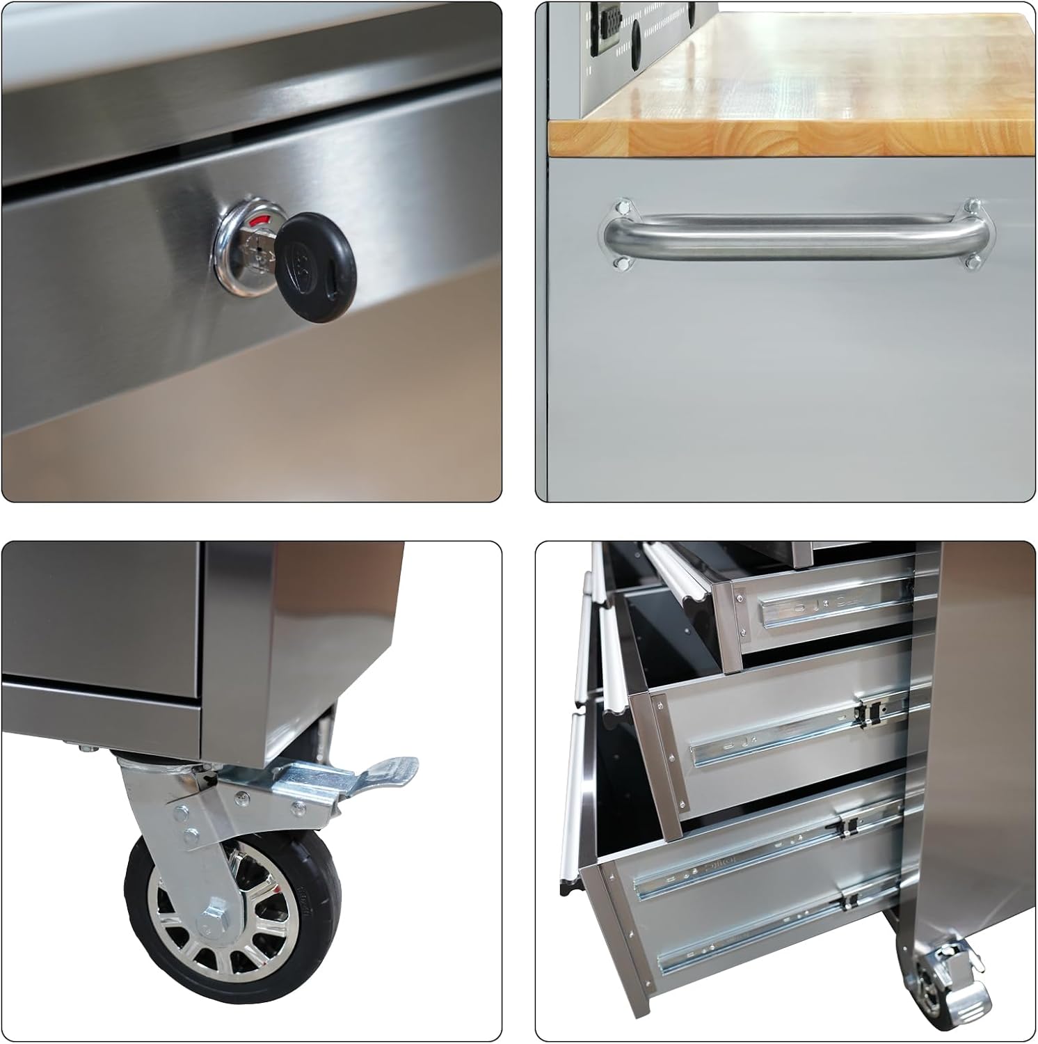 CHETTO C 72-inch Rolling Tool Chest Cabinet Mobile Workbench with 15 Storage Drawers and Wheels 3 Uper Cabinet Outlet SS Pegboard Stainless Steel Tool Box for Garage