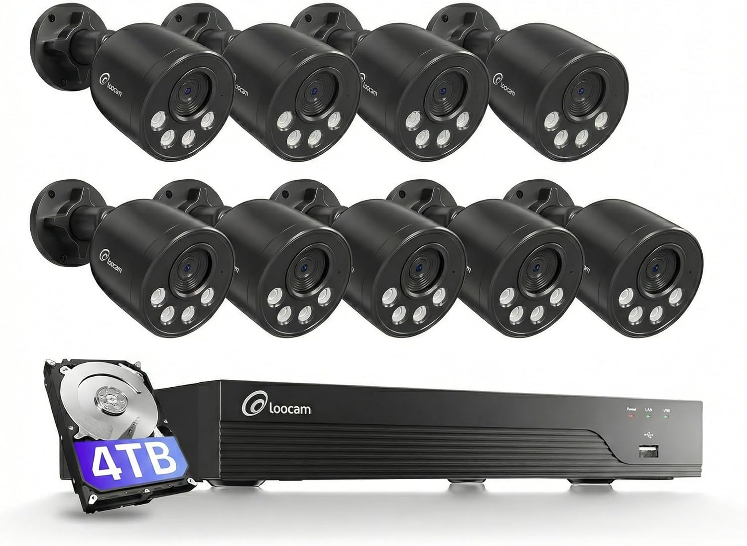 Loocam 16 Channel Security Camera System 4K, 4TB HDD 8MP 9pcs POE Cameras with AI Human/Vehicle Detection, H.265+NVR with Night Vision, Wired Cameras for Home Security NVR Security Camera System