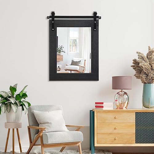 Miniatura 6 de AAZZKANG Espejo negro grande de 26 x 18 pulgadas, espejo rústico para puerta de granero con marco de madera, rectangular, decorativo, baño,