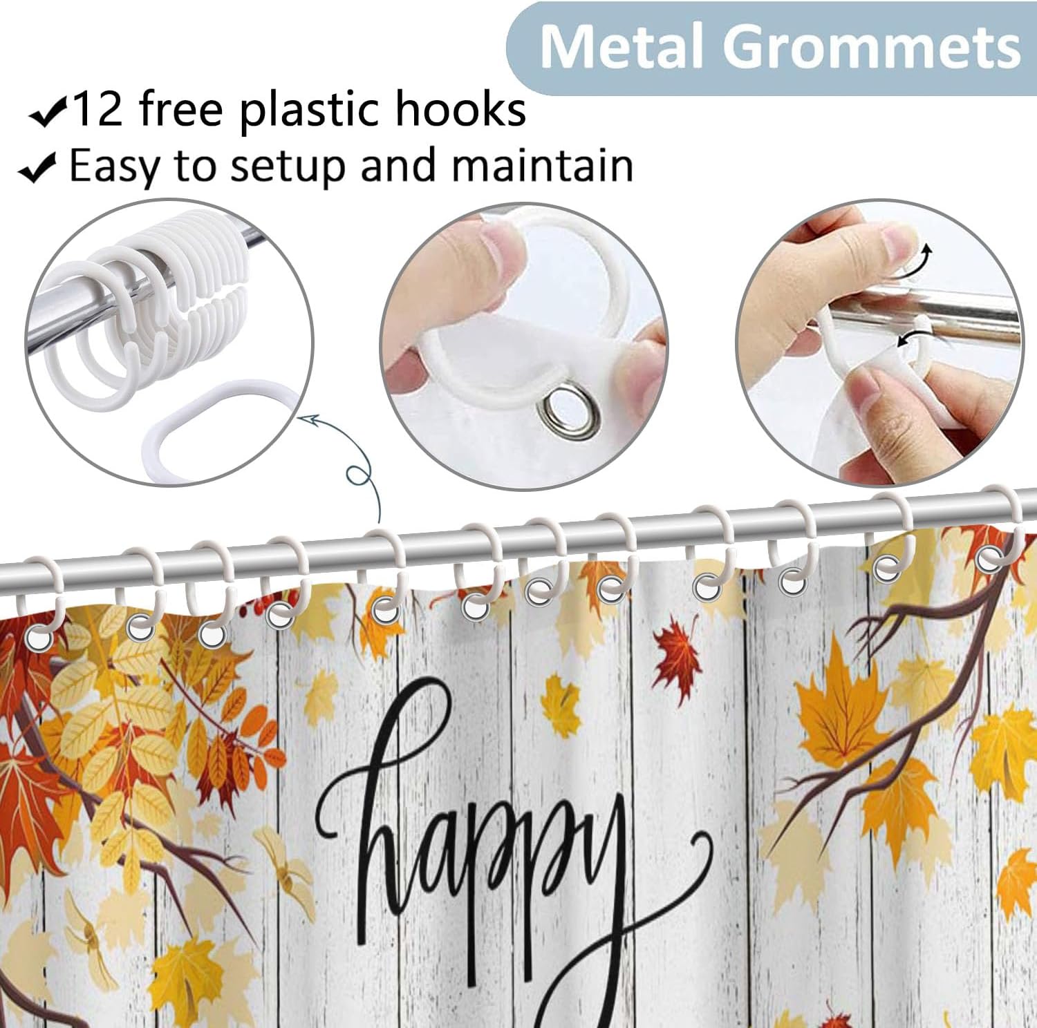 Happy Fall Y'all Shower Curtain Autumn Maple Leaves Gnomes Bathroom Curtain Set Thanksgiving Farmhouse Polyester Fabric Bathtub Decor with 12 Hooks 72x72 Inches
