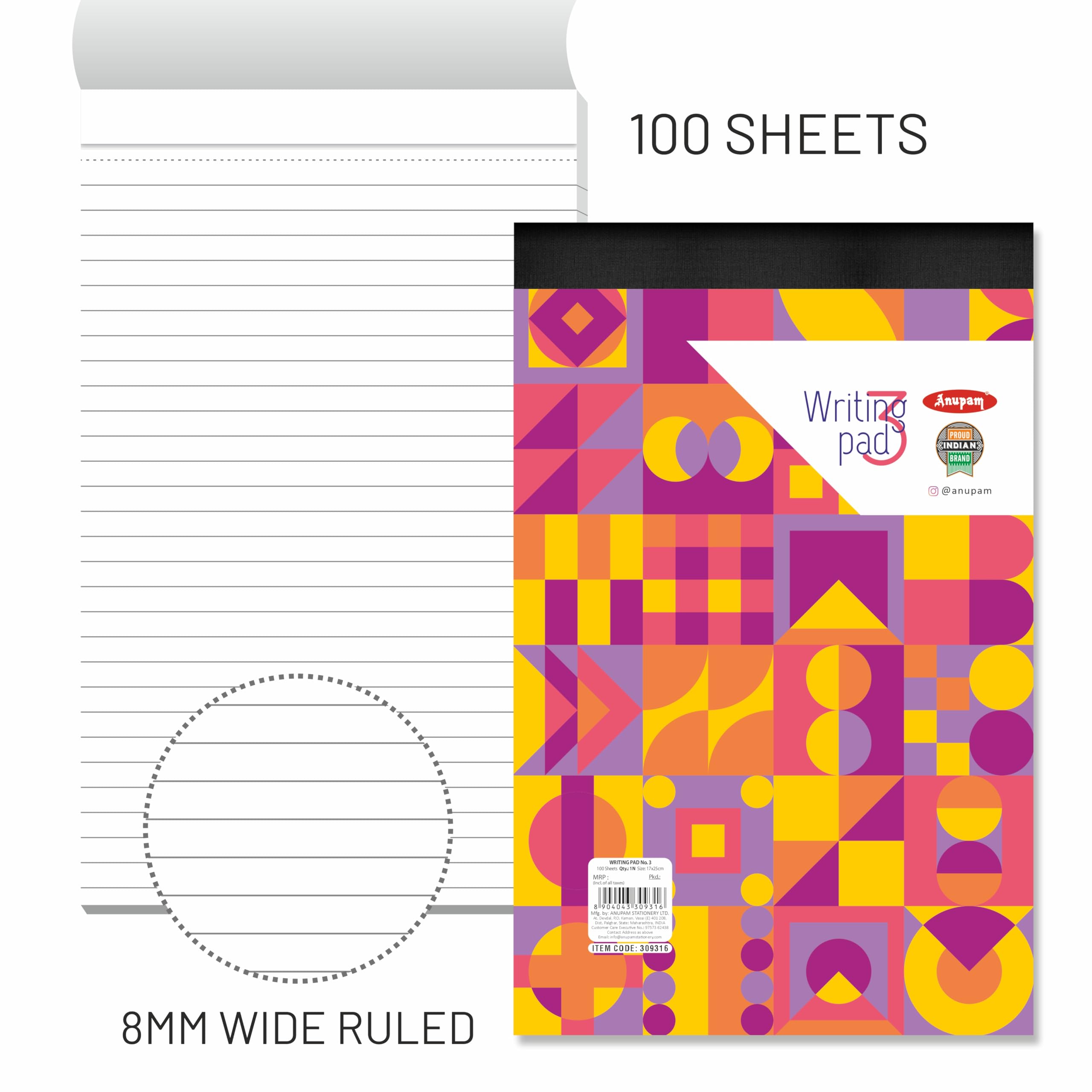 Anupam Blocco note da 17 x 25 cm, a righe, 100 fogli, quaderno micro perforato con dorso in materiale resistente antiruggine, per scuola, università, ufficio, affari (dimensioni: 3, confezione da 1)