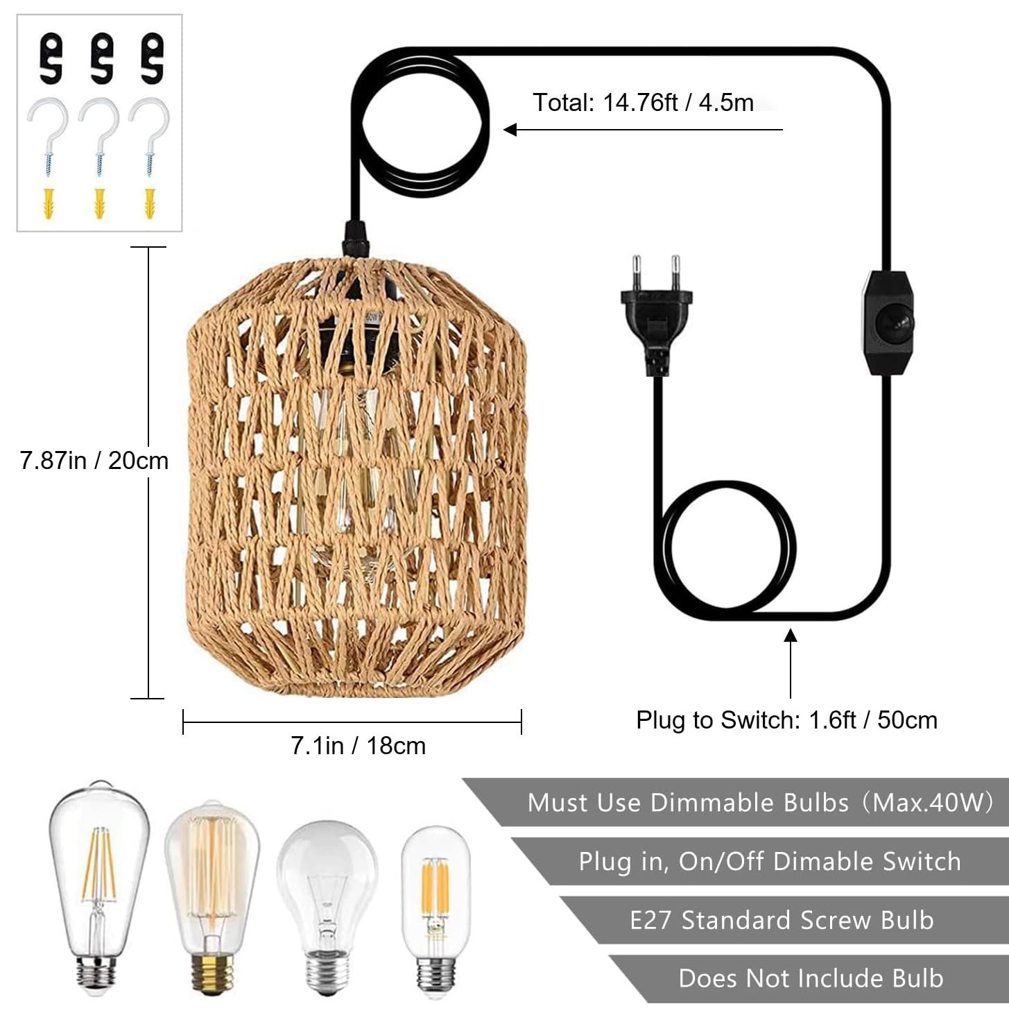 E27 Vintage Lampa Wisząca z Wtyczką i Kablem 4.5M, Ø18cm | Retro Lampa Wisząca z Przełącznikiem Ściemnialnym, Osłona Lampowa z Liny Konopnej DIY, Wewnętrzna/Zewnętrzna Lamp