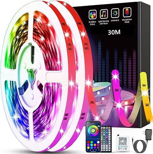 Tenmiro LED Strip 30m(15m×2), RGB LED Streifen Musik Sync Selbstklebend Led Lichterkette mit Fernbedienung und APP, Dimmbar Farbwechselnd Timer Led Band für Gaming,Party,Zimmer Deko - 30M