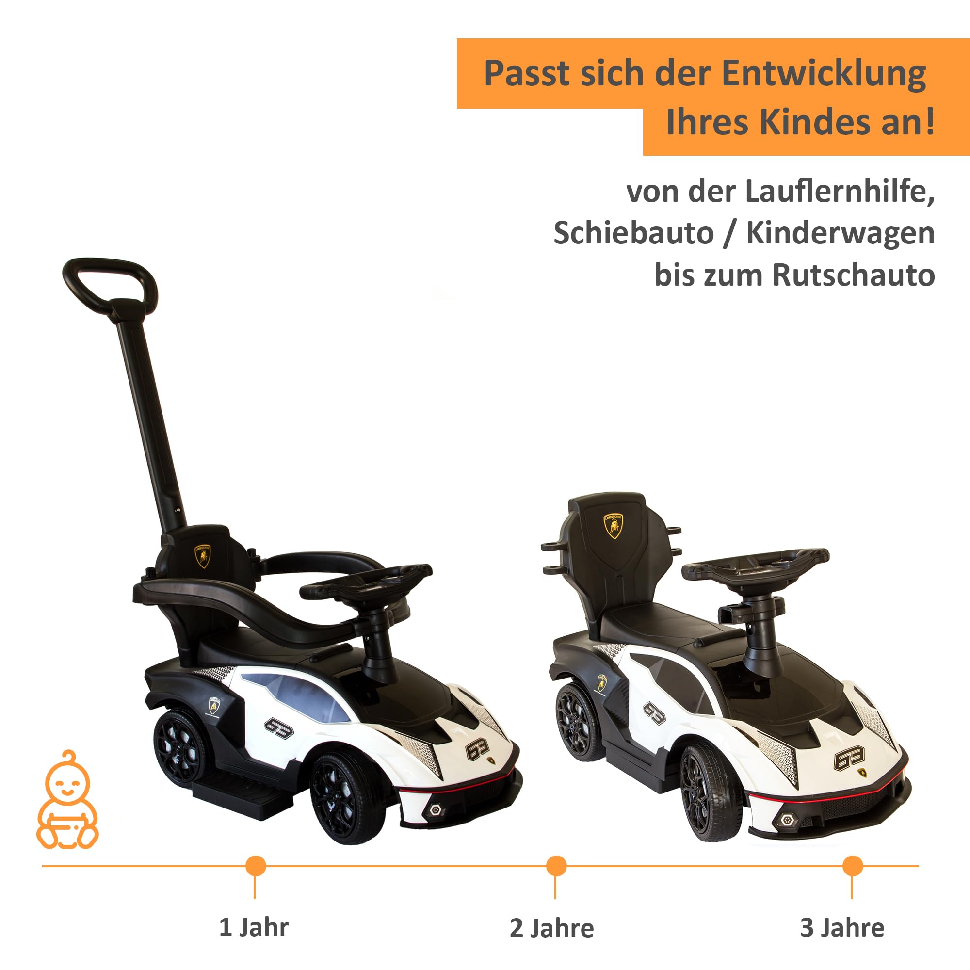 Lamborghini Rutschauto mit Schiebstange ab 1 Jahr | Rutschfahrzeug mit Sicherheitsbügel | Schiebeauto Lamborghini in weiß| Lenkung via Stange möglich | Staufach | Fußablage | Sound