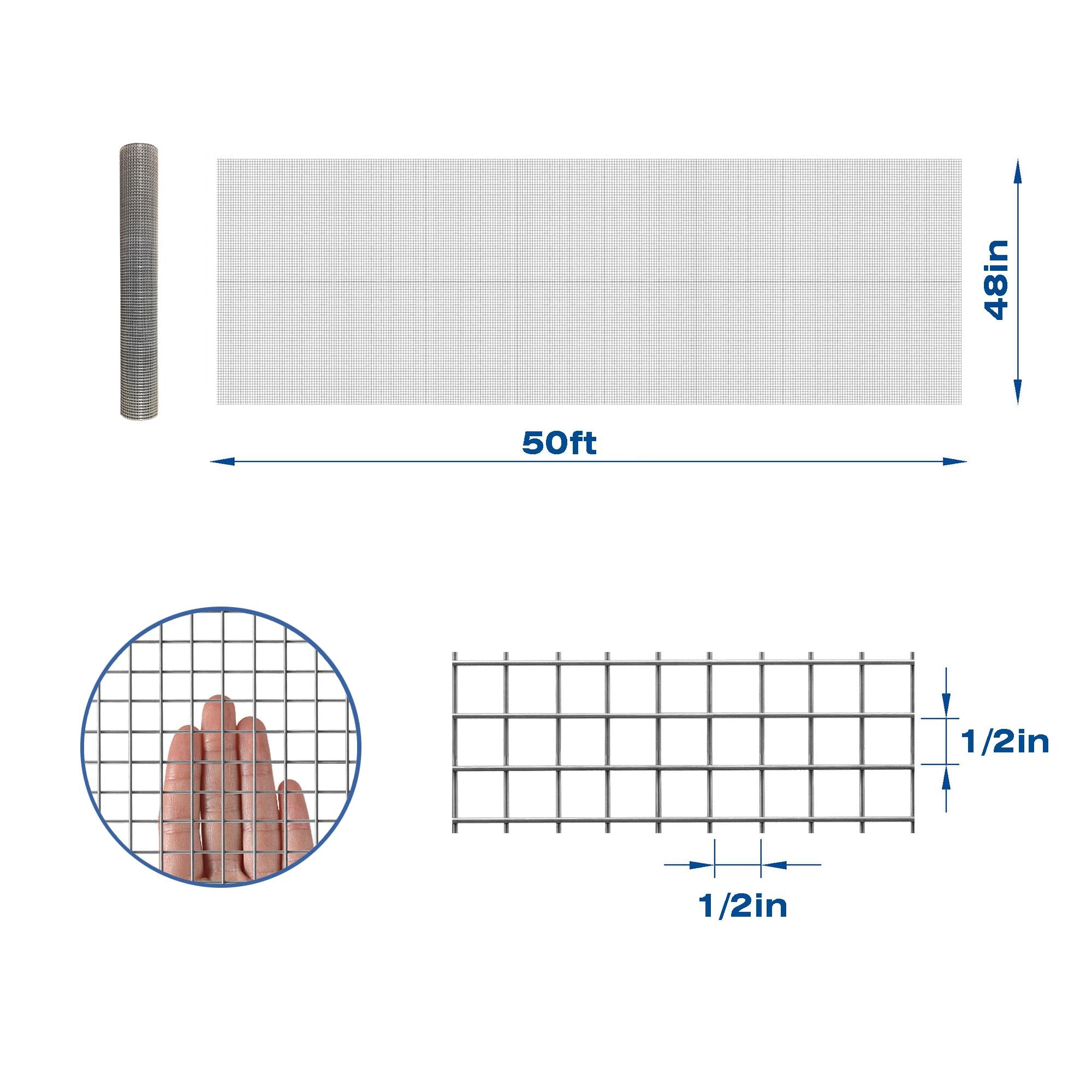 MTB Garden Paño galvanizado para después de soldar, 48 pulgadas x 50 pies, malla de 1/2 x 1/2 pulgadas, 20GA