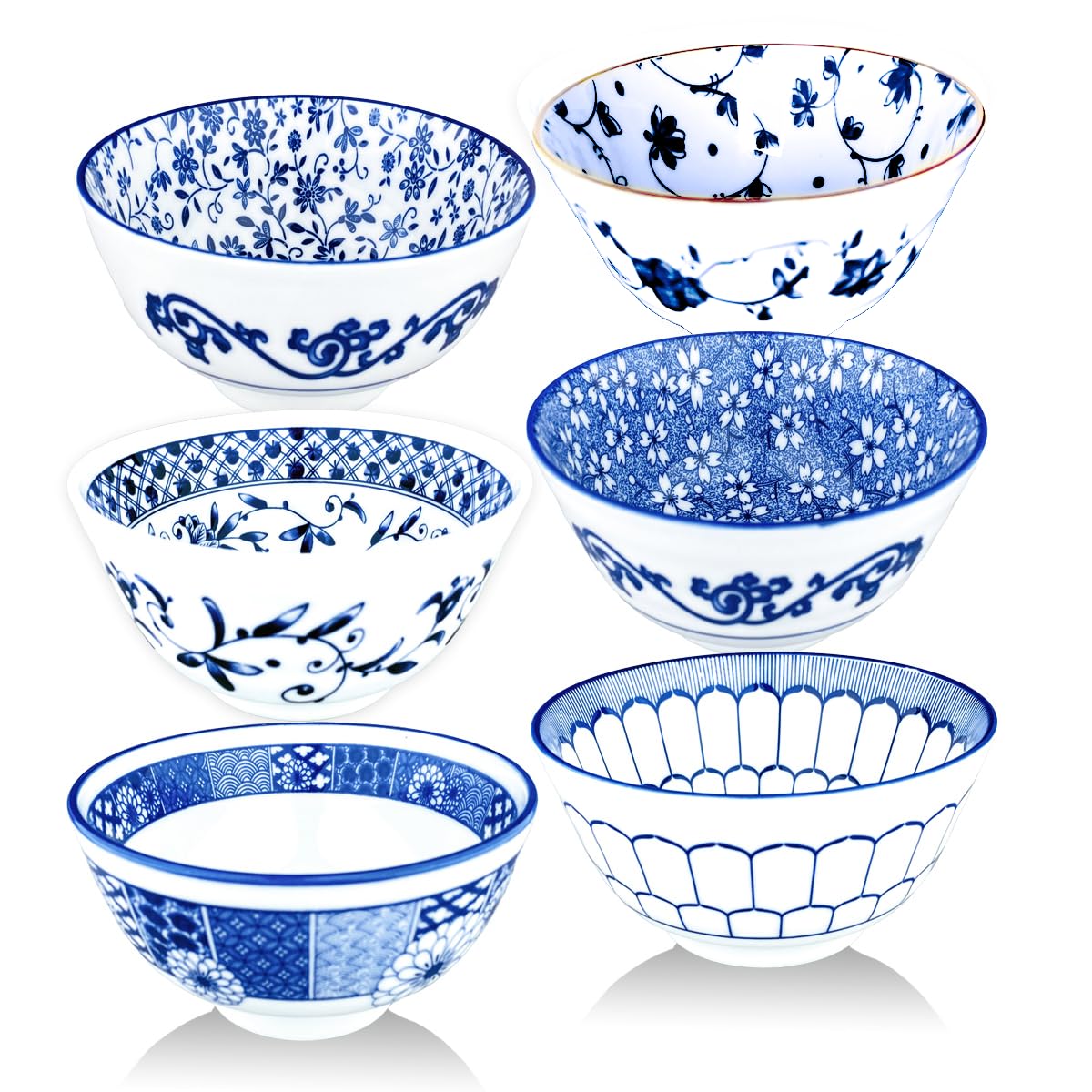 Kithing Ceramic Rice Bowls,10 Ounces Small Salad,Soup， Ice Cream Snack Dip Bowl Set of 6,Blue and White ，Home Tableware (4.5in)