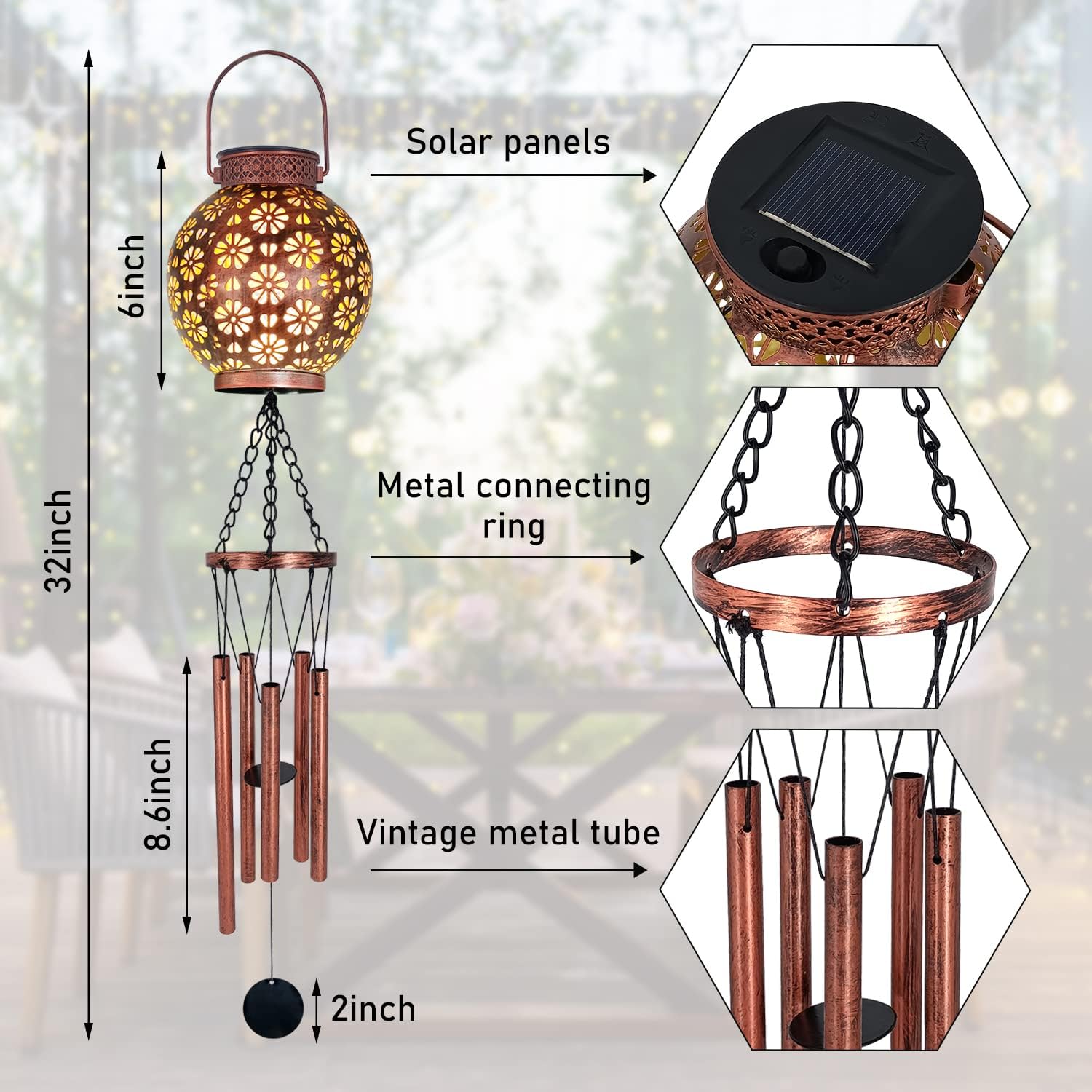 Astarin 2PCS Solar Wind Chimes for Outside Hanging Led Solar Lights Outdoor Garden Lantern Decorative as Gift for Women mom Grandma Best Friends' Birthday Gift Bronze