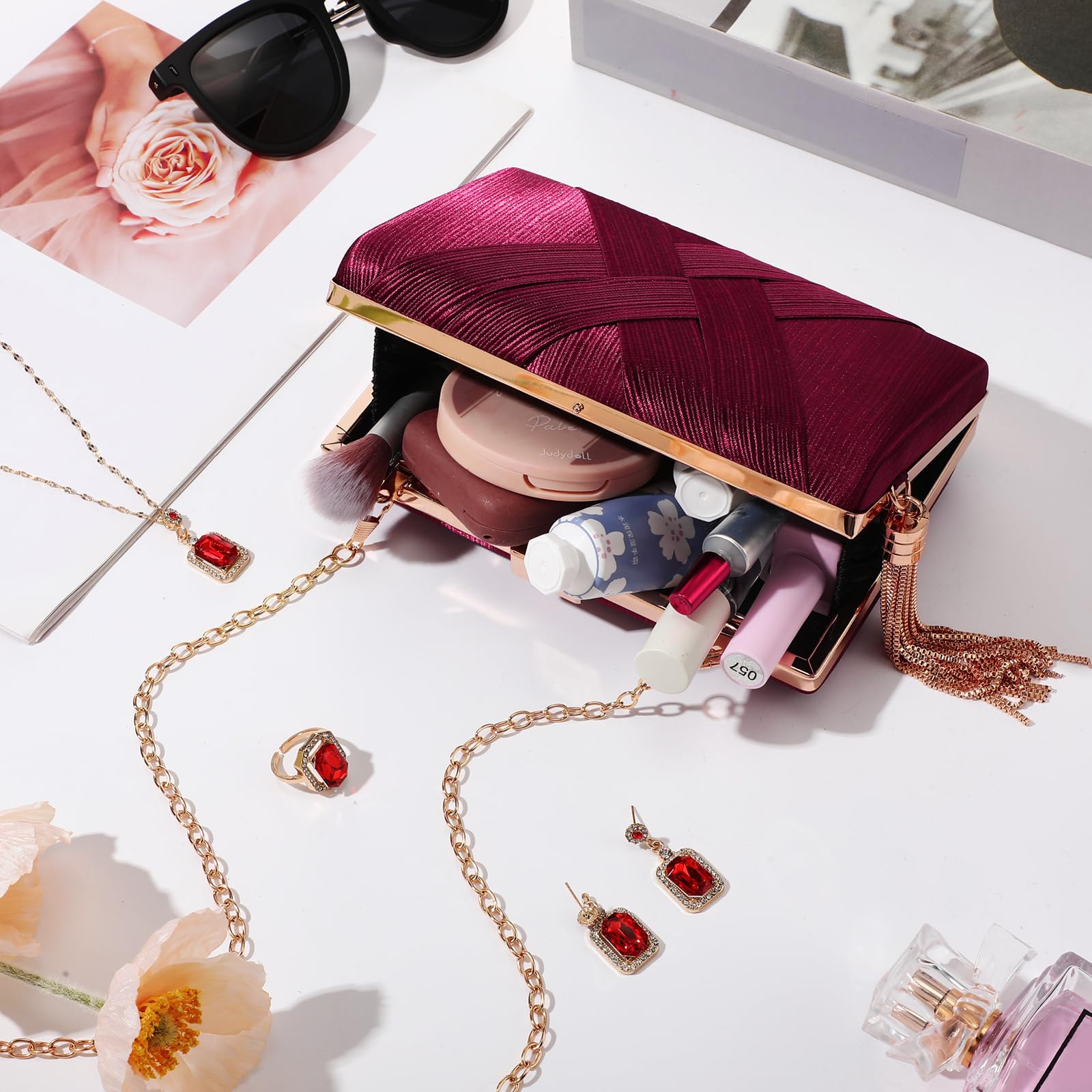 Jadive Juego de 5 piezas de joyería de satén para mujer, vestidos de noche, bolso de graduación, bufanda, aretes, collar, anillo para boda, novia, noche, fiesta, accesorios vintage para banquetes