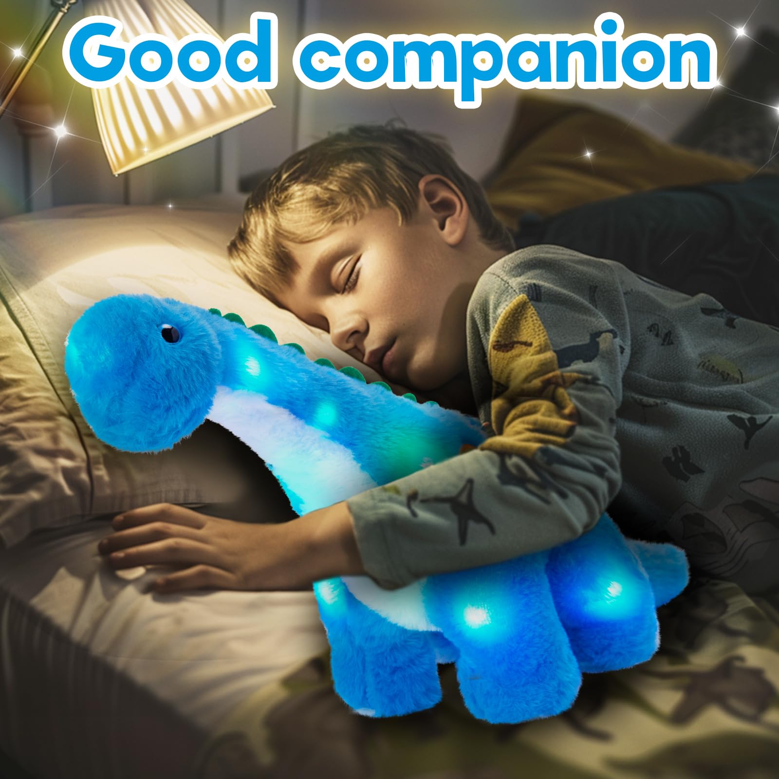 Houwsbaby 25,4 cm beleuchtetes Dinosaurier-Diplodokus Stofftier Disketten-LED-Plüschtier Nachtlichter Leuchtkissen Langhals Geburtstagsgeschenke für Kinder Kleinkind Mädchen und Jungen, blau