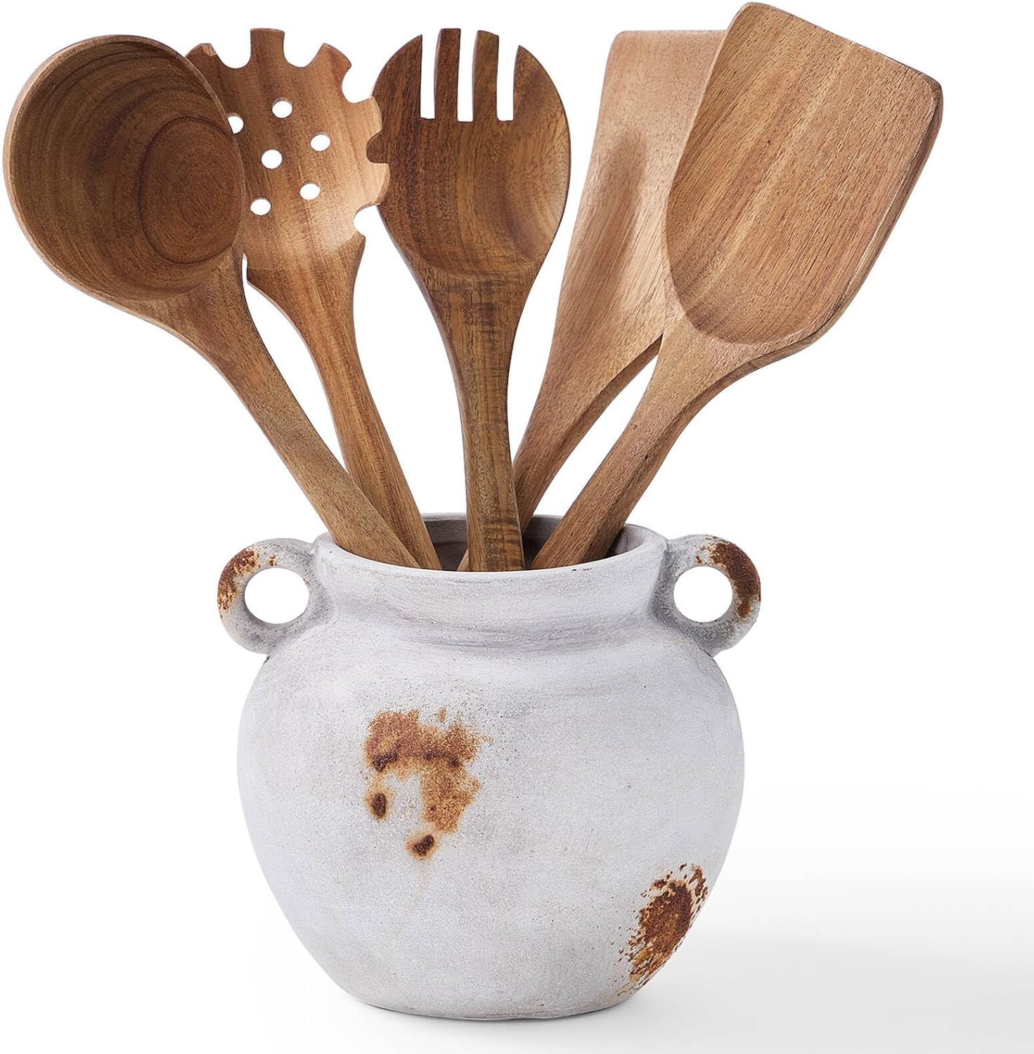 MIYUKI Rustic Kitchen Utensil Holder, Vintage Ceramic Utensil Crock with Handle, Antiquing Kitchen Countertop Organizer