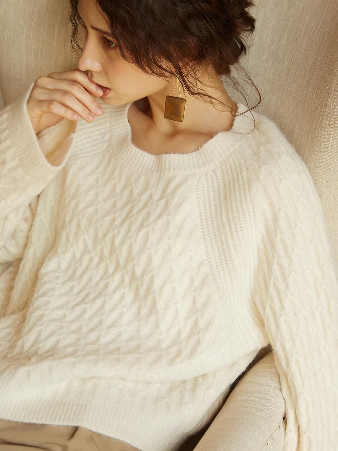 Sweater Womens Sweater Solid Raglan Sleeve Sweater (Color : Beige, Size : Large)