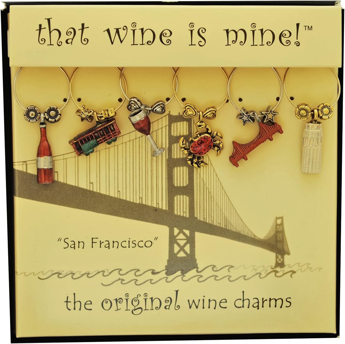 Wine Things 6-Piece Wine Charms/Wine Glass Tags/Drink Markers for Stem Glasses, Wine Tasting Party (San Francisco)