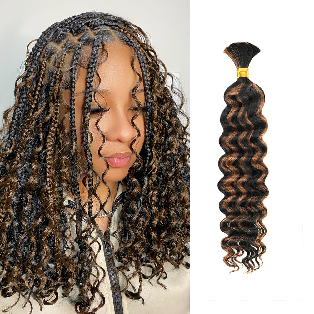 "Human Braiding Hair, 2 Bundle 100g 20 Inch Boho Braids Human Hair 10A Deep Wave Bulk Brazilian Virgin No Weft Wavy Hair Extension for Boho Knotless Balayage Black to Brown"