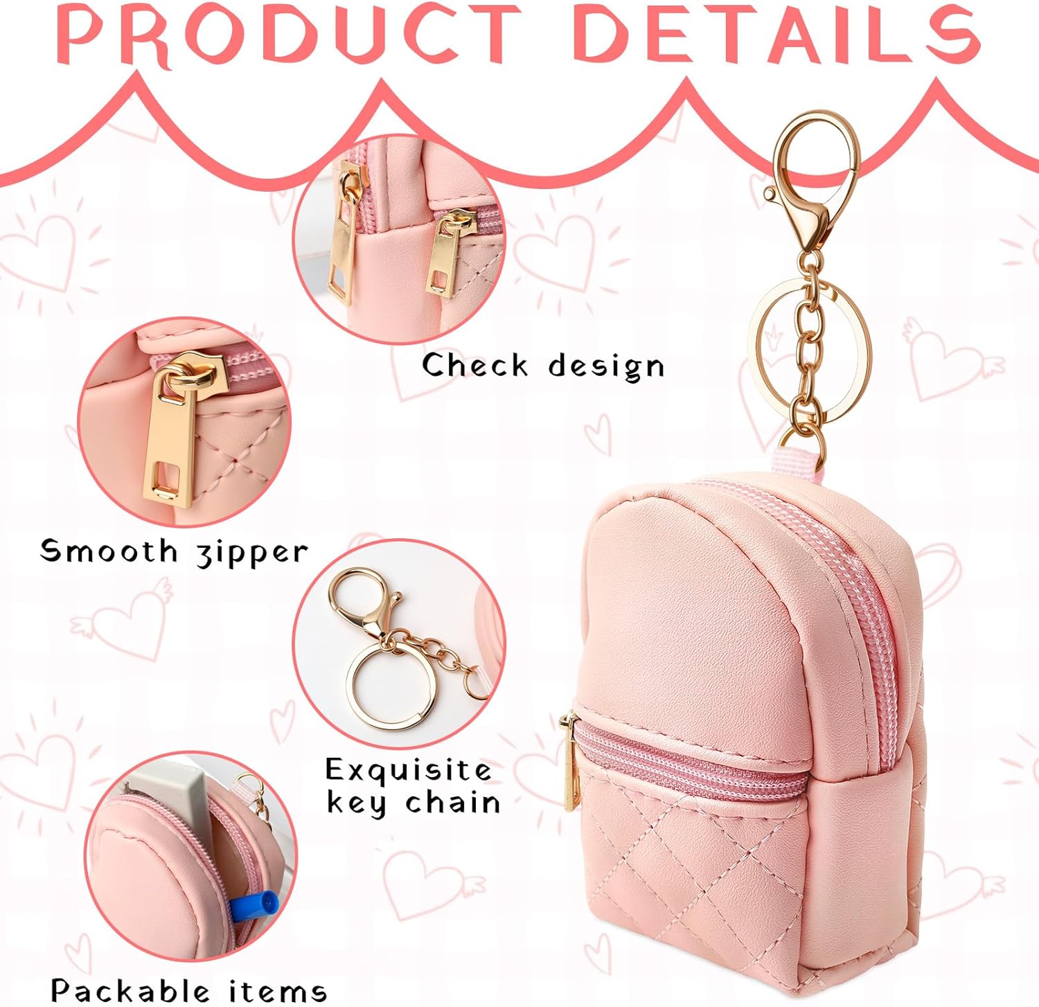 2 Pcs Mini Keychain Backpack - Cute Cosmetic Bag, PU Leather Makeup Bag, Creative Pendant Keychain Key-chain with Keyrings for Women Lipstick Bag Card Holder Zipper Pouch - Image 3