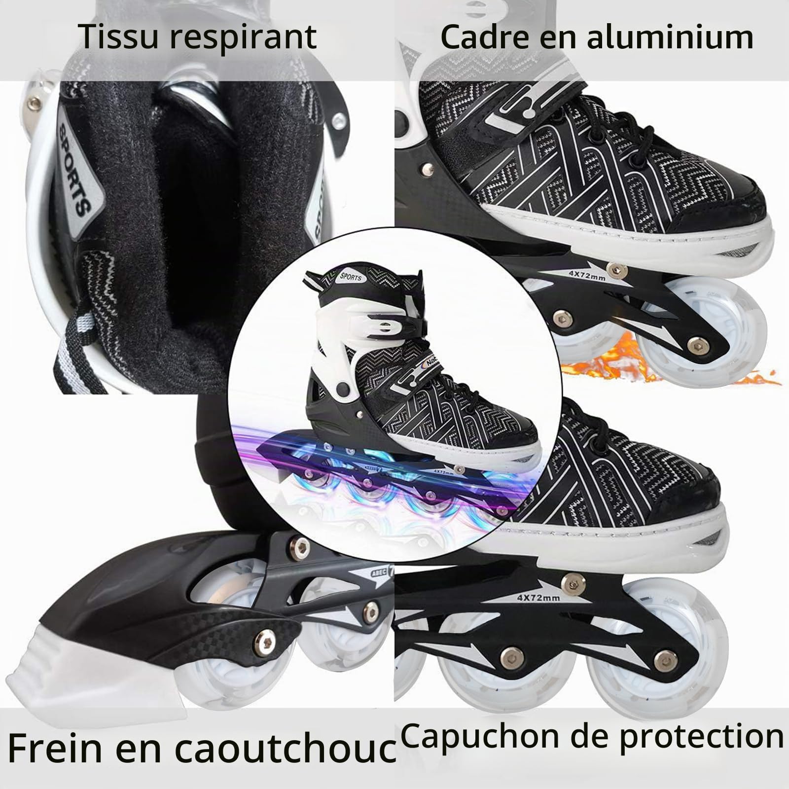 Nattork Rollers en ligne réglables pour enfants, avec toutes les roues lumineuses – Patins débutants pour filles et garçons, jeunes et femmes, noir, Small - Little Kid (10-12US)