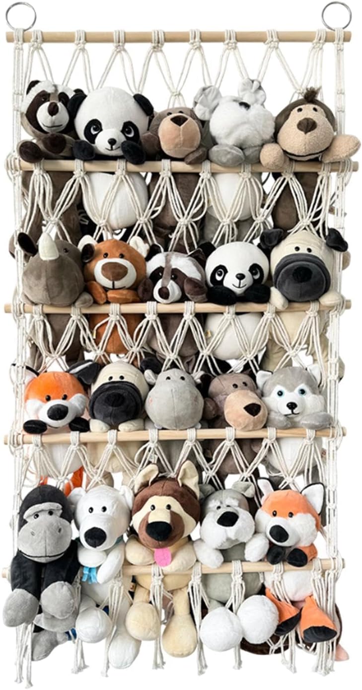 Stuffed Animal Storage, Boho Toy Hammock Organizer with 4 Large Pockets, Over The Door Organizer Storage for Closet, Baby, Plush Toy, Hanging Door Organizer for Nursery, Bedroom, Bathroom, Kids Room